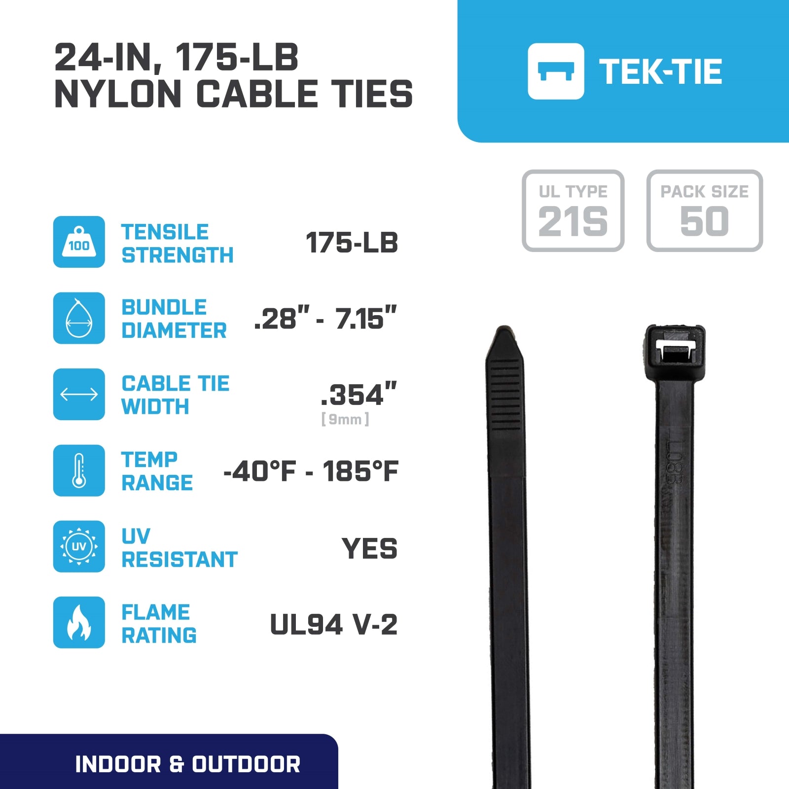 24-inch UV Resistant Black Multi-Purpose Cable Tie, 175-lb Tensile Strength, UL 21S Listed, 50-Pack