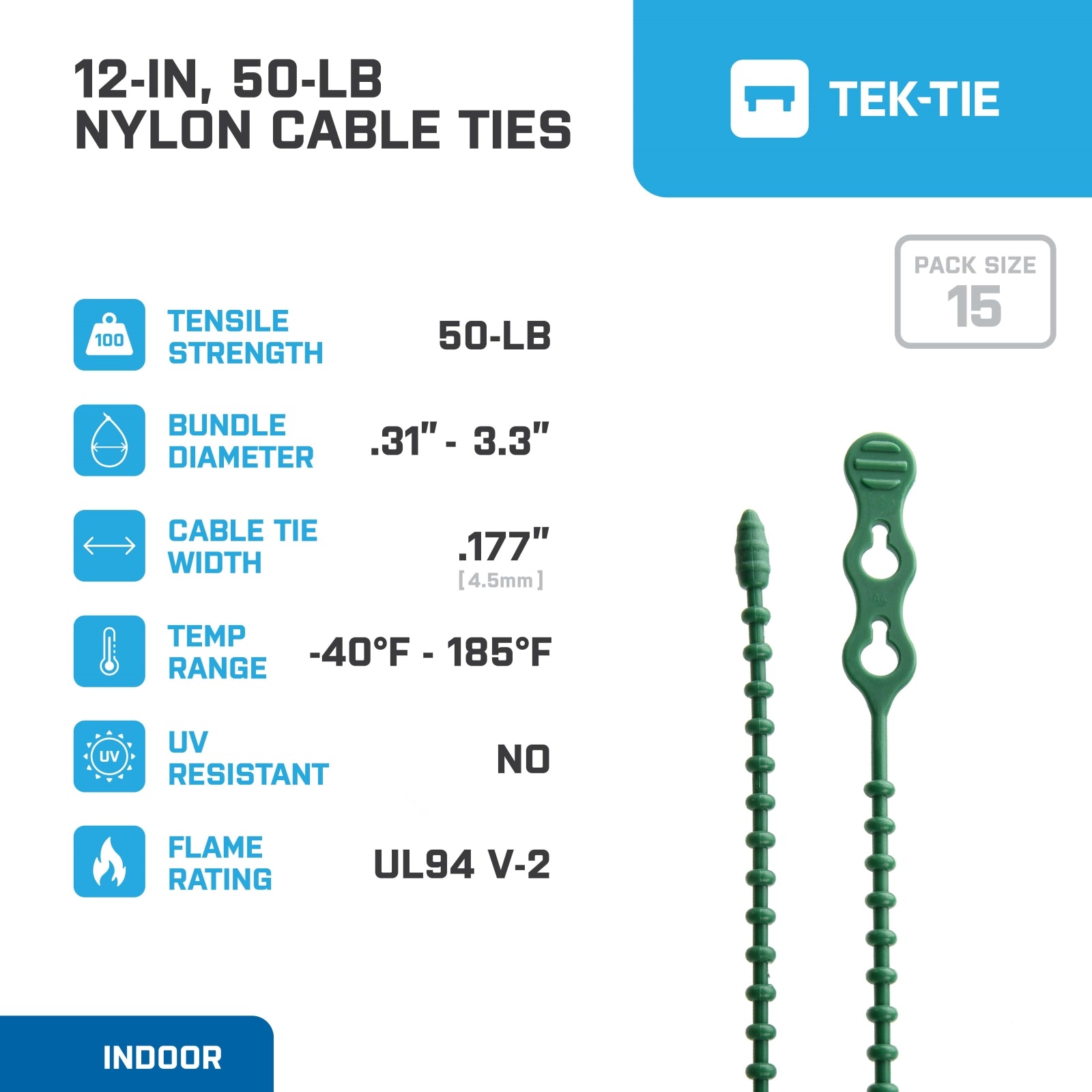 12-inch Green Double Loop Beaded Cable Tie, 50-lb Tensile Strength, 15-Pack