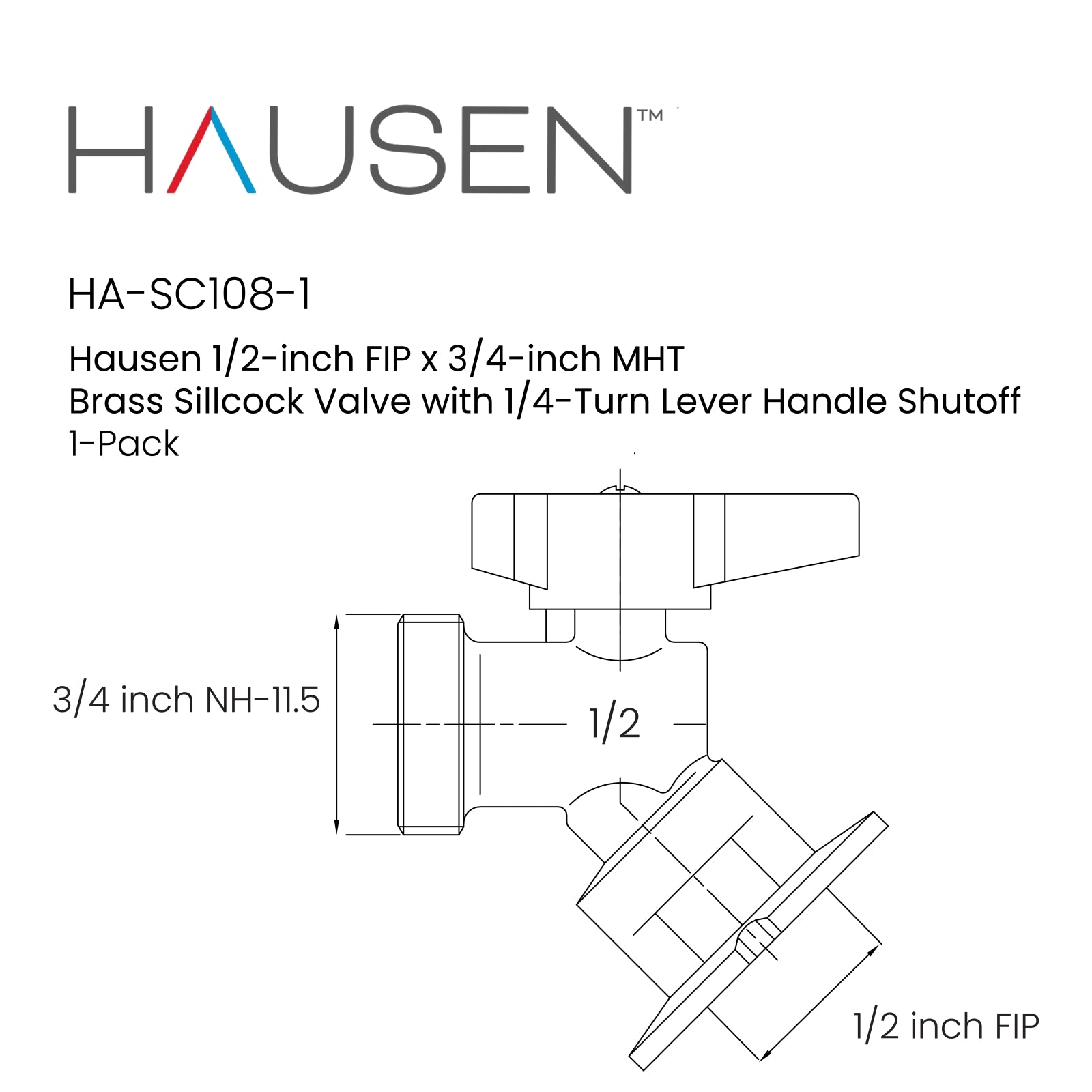 Hausen 1/2-inch FIP (Female Iron Pipe) x 3/4-inch MHT (Male Hose Thread) Brass Sillcock Valve with 1/4-Turn Lever Handle Shutoff; cUPC Certified, Compatible with Standard Garden Hoses, 1-Pack