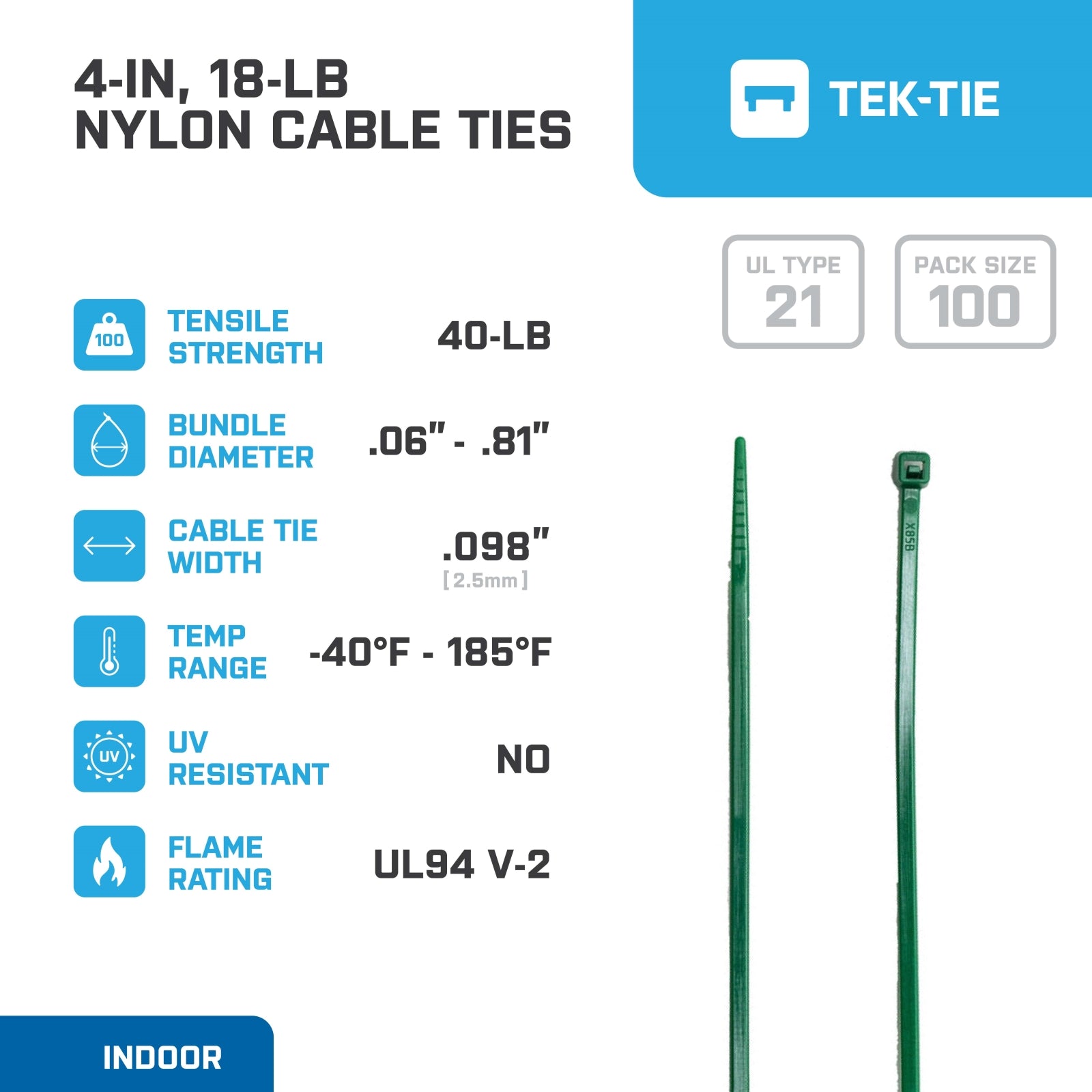 4-inch Dark Green Multi-Purpose Cable Tie, 18-lb Tensile Strength, UL 21 Listed, 100-Pack