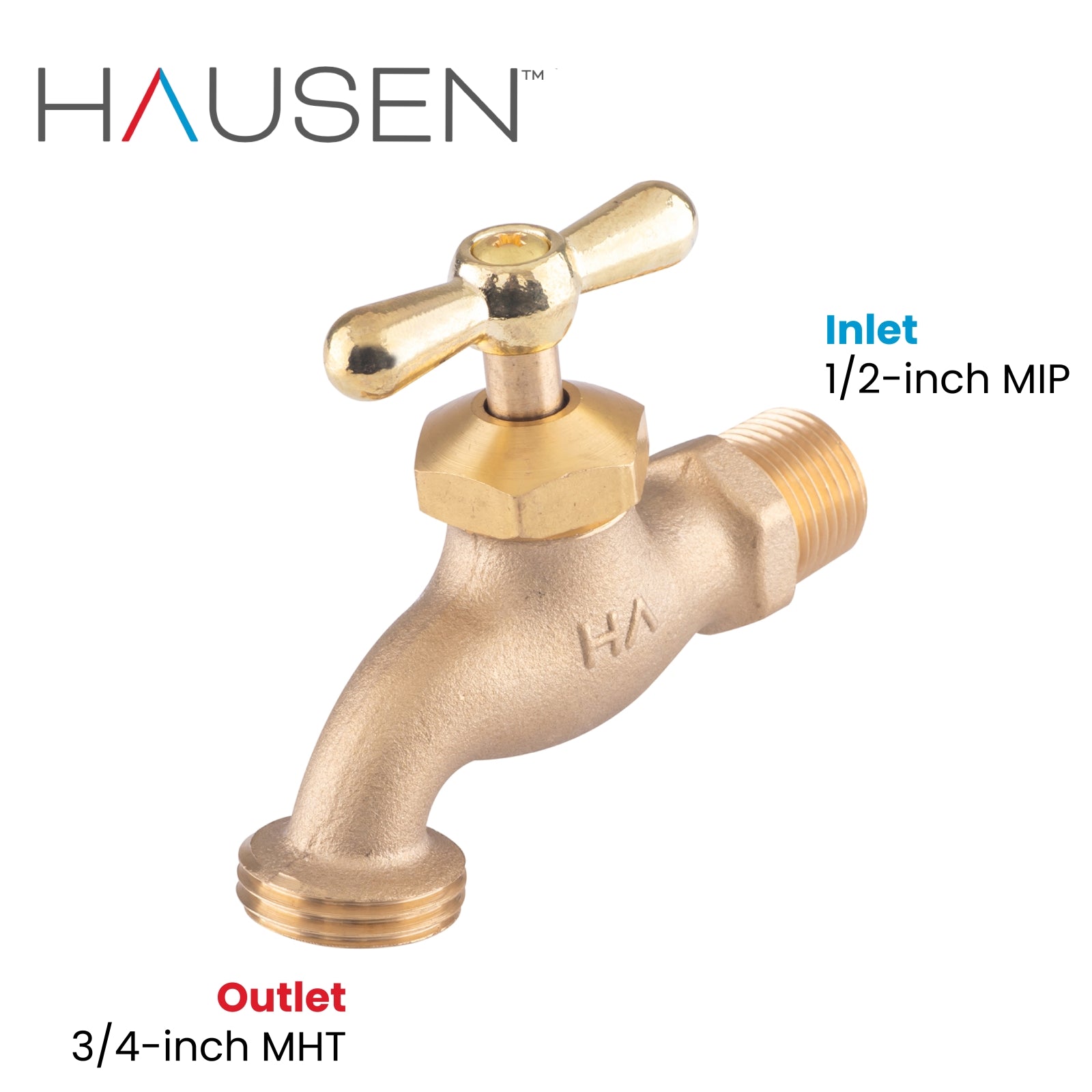 Hausen 1/2-inch MIP (Male Iron Pipe) x 3/4-inch MHT (Male Hose Thread) Brass No-Kink Angled Hose Bibb Valve with Tee Handle Shutoff; cUPC Certified, Compatible with Standard Garden Hoses, 1-pack