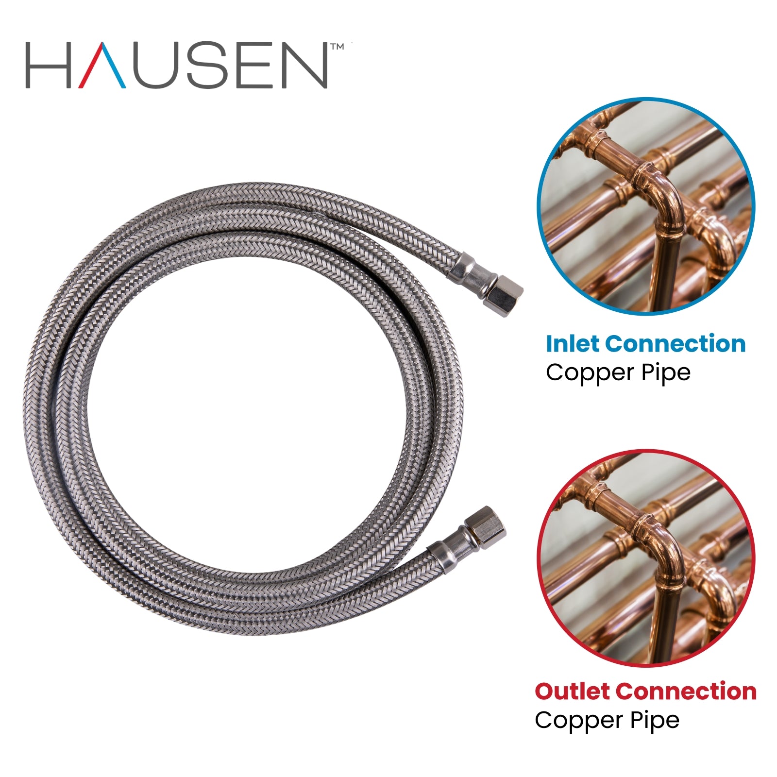 Hausen 1/4-inch Compression x 1/4-inch Compression x 96-inch (8-Feet) Length Stainless Steel Ice Maker Water Supply Connector; Lead Free; Compatible with Standard Refrigerators, 1-Pack