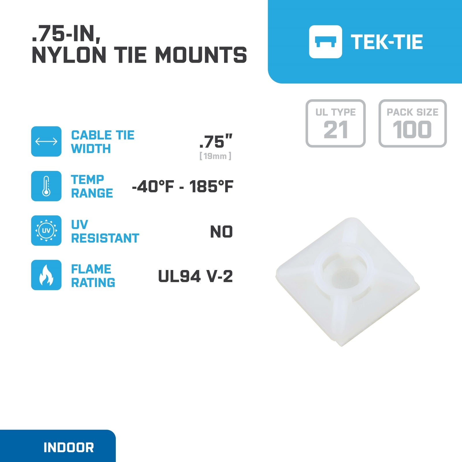 3/4-inch Natural Zip Tie Mounts, UL 21 Listed, 100-Pack