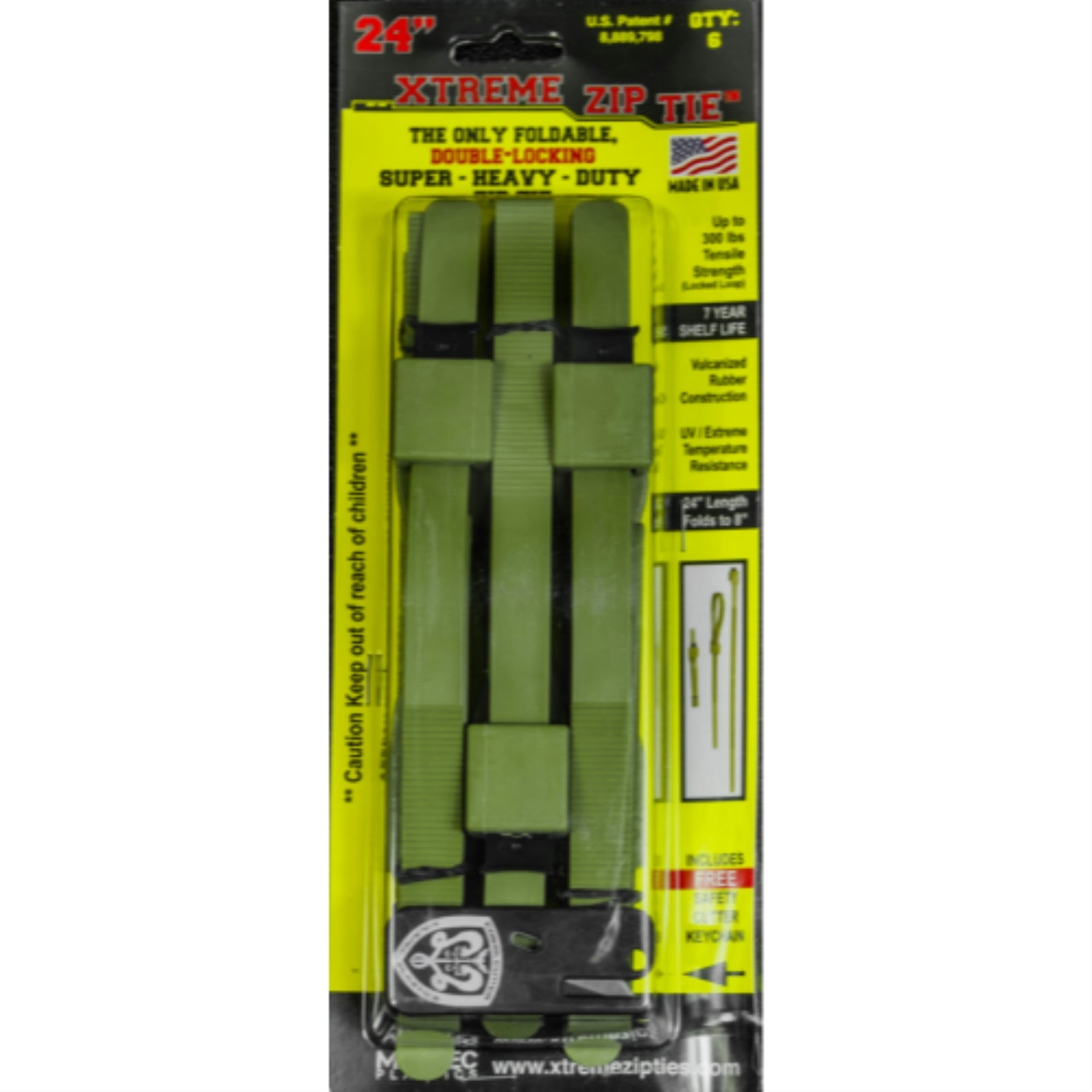 24-inch Green Xtreme Zip Ties with Cutter, 300-lb Tensile Strength, 6-Pack