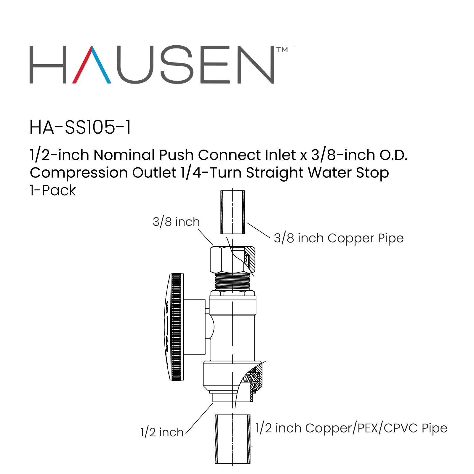 Hausen 1/2-inch Nominal Push Connect Inlet x 3/8-inch O.D. Compression Outlet 1/4-Turn Straight Water Stop; Lead-Free Forged Brass; Chrome-Plated; Compatible with Copper, CPVC and PEX Piping, 1-Pack