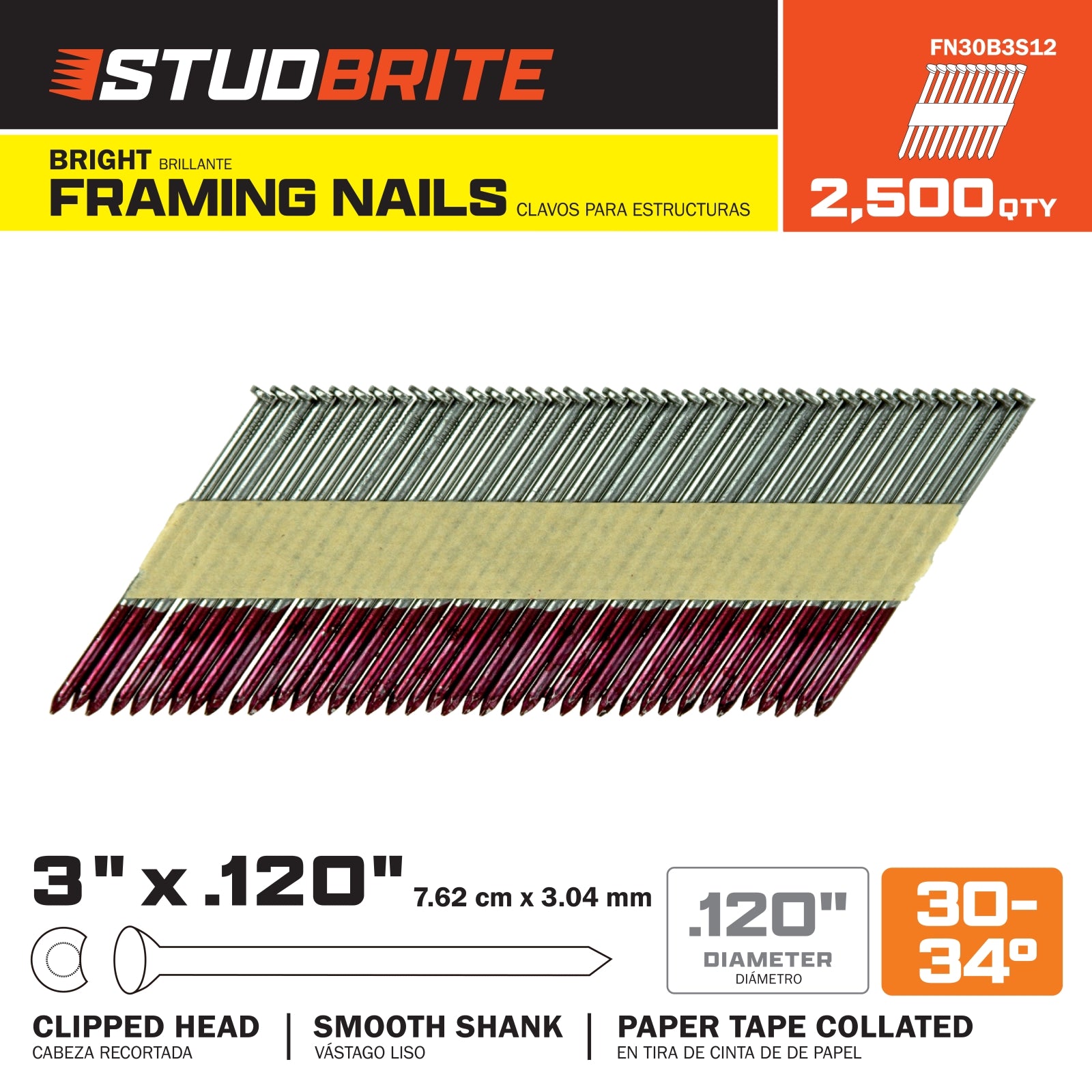 StudBrite 3 Inch x 0.120 Inch 30-34-Degree Bright Smooth Shank Paper-Tape Framing Nails 2,500 Per Box