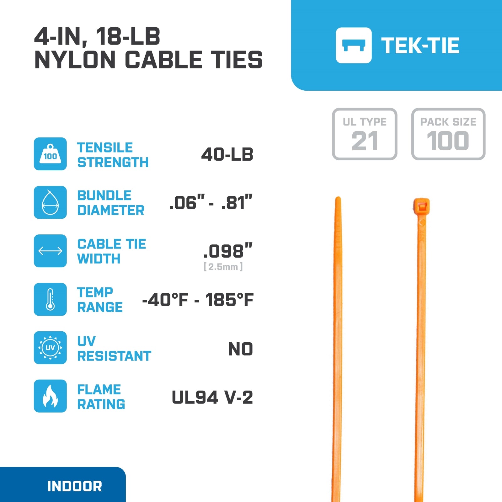 4-inch Fluorescent Orange Multi-Purpose Cable Tie, 18-lb Tensile Strength, UL 21 Listed, 100-Pack