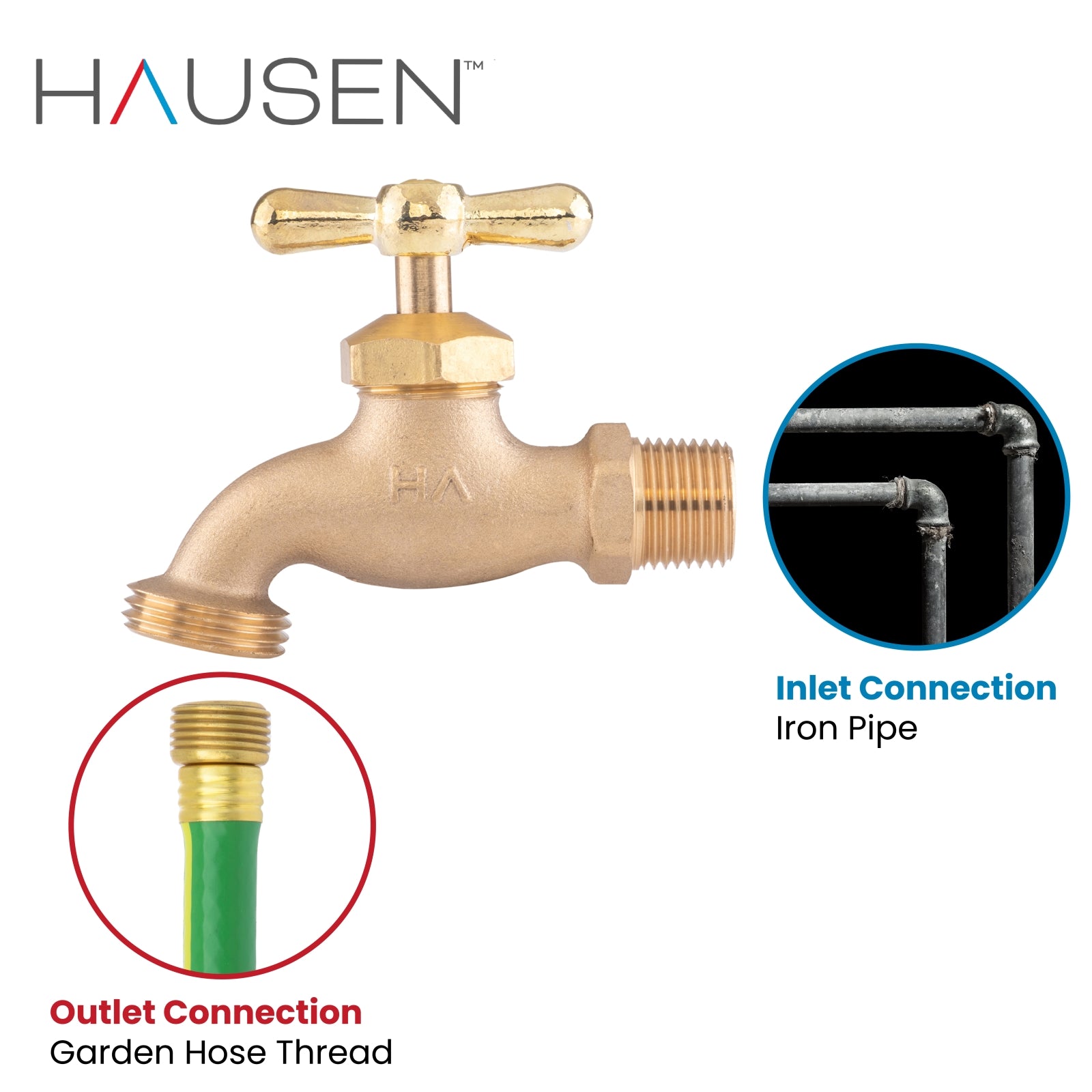 Hausen 1/2-inch MIP (Male Iron Pipe) x 3/4-inch MHT (Male Hose Thread) Brass No-Kink Angled Hose Bibb Valve with Tee Handle Shutoff; cUPC Certified, Compatible with Standard Garden Hoses, 1-pack