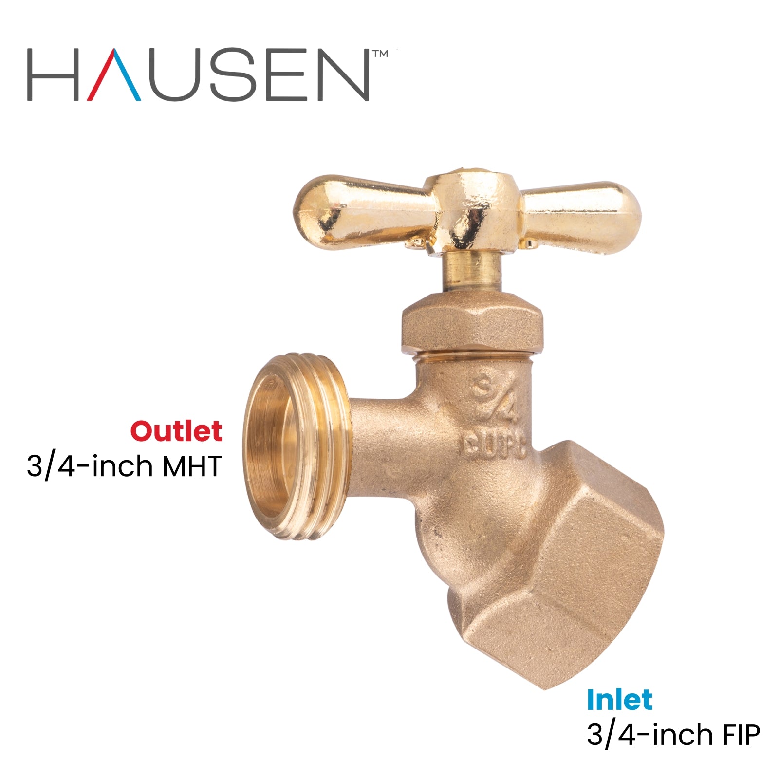 Hausen 3/4-inch FIP (Female Iron Pipe) x 3/4-inch MHT (Male Hose Thread) Brass No-Kink Angled Hose Bibb Valve with Tee Handle Shutoff; cUPC Certified, Compatible with Standard Garden Hoses, 1-pack