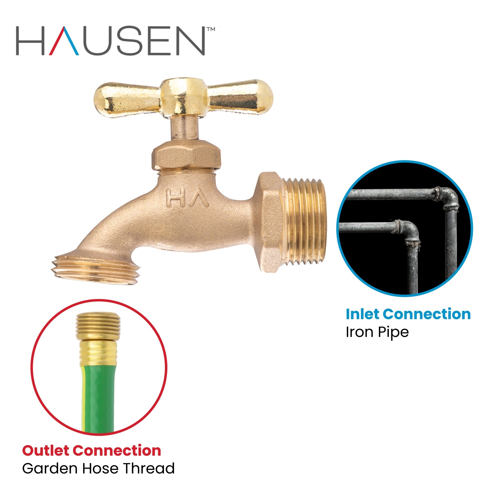 Hausen 3/4-inch MIP (Male Iron Pipe) x 3/4-inch MHT (Male Hose Thread) Brass Hose Bibb Valve with Tee Handle Shutoff; cUPC Certified, Compatible with Standard Garden Hoses, 10-pack