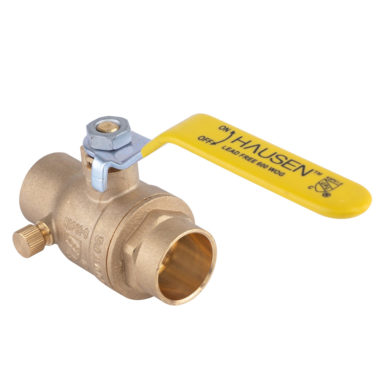 Hausen 1-inch Sweat x 1-inch Sweat Standard Port Brass Ball Valve with Drain; Lead Free Forged Brass; Blowout Resistant Stem; For Use in Potable Water, Oil and Gas Distribution Systems, 1-Pack