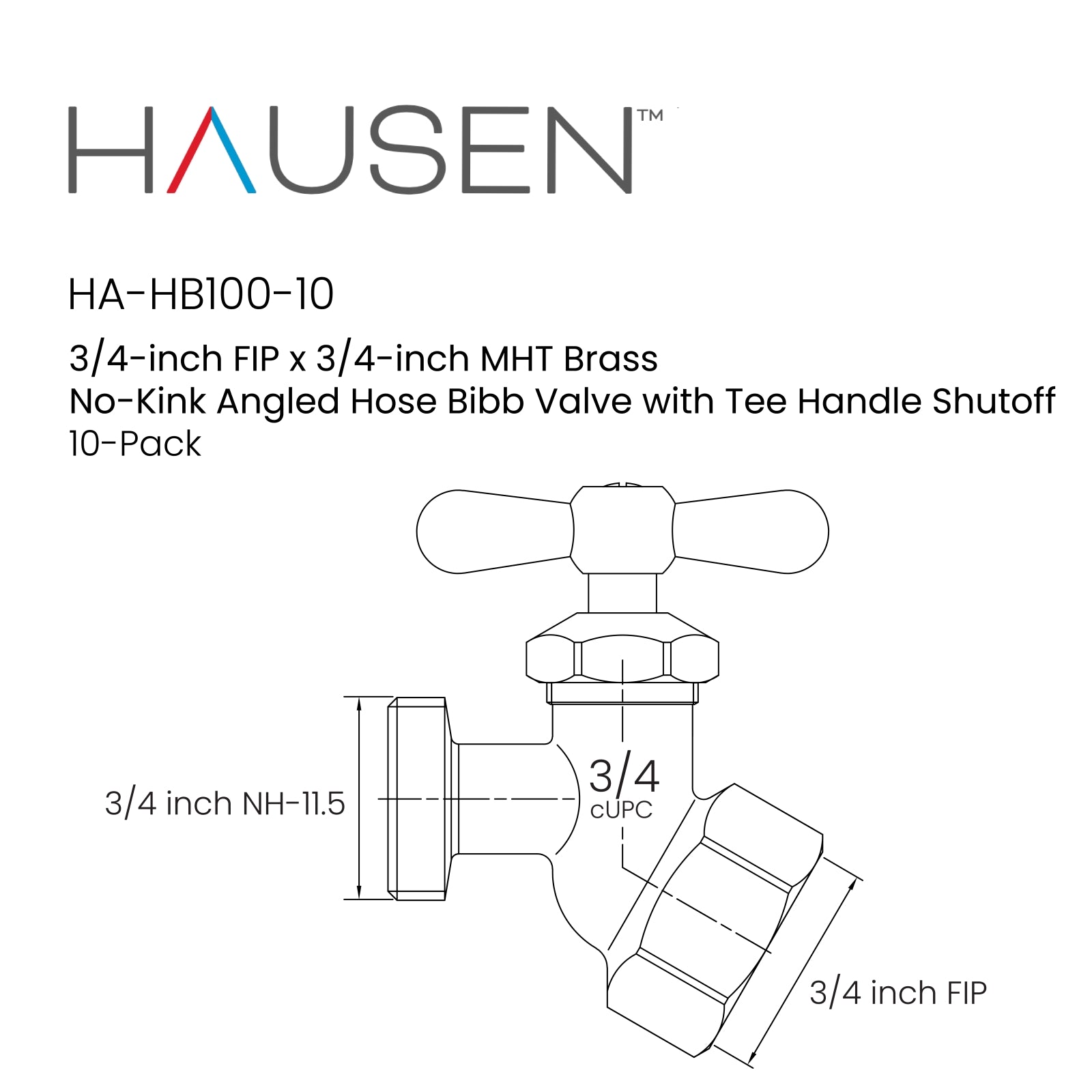 Hausen 3/4-inch FIP (Female Iron Pipe) x 3/4-inch MHT (Male Hose Thread) Brass No-Kink Angled Hose Bibb Valve with Tee Handle Shutoff; cUPC Certified, Compatible with Standard Garden Hoses, 10-pack