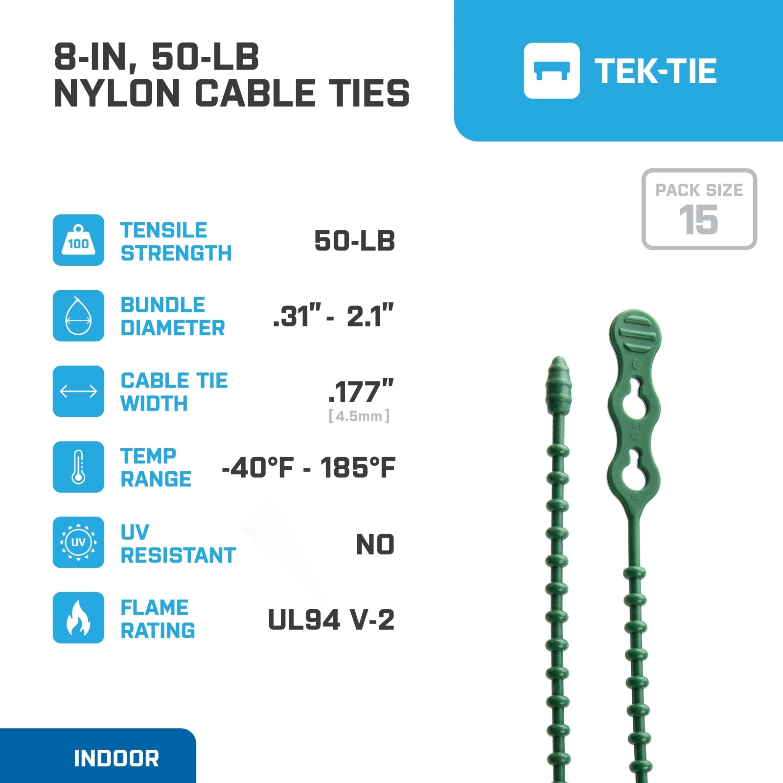 8-inch Green Double Loop Beaded Cable Tie, 50-lb Tensile Strength, 15-Pack