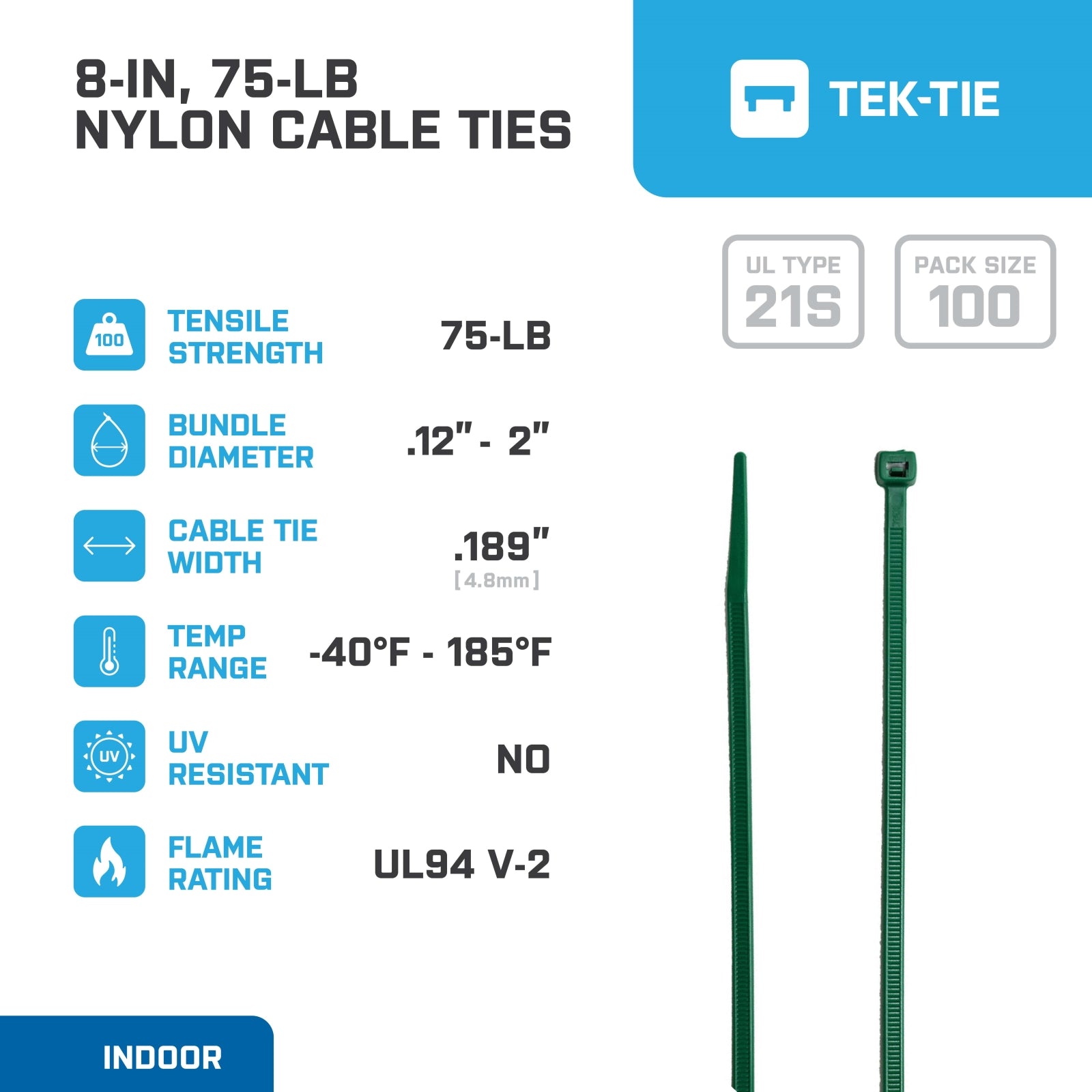 8-inch Dark Green Multi-Purpose Cable Tie, 75-lb Tensile Strength, UL 21S Listed, 100-Pack