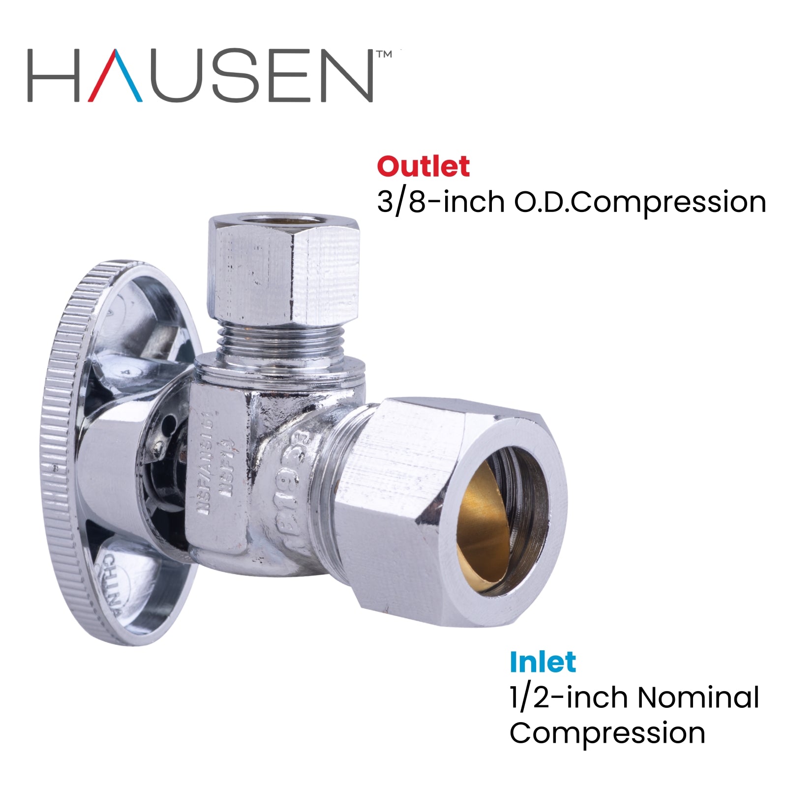 Hausen 1/2-inch Nominal Compression Inlet x 3/8-inch O.D. Compression Outlet 1/4-Turn Angle Water Stop; Lead-Free Forged Brass; Chrome-Plated; cUPC/ANSI/NSF Certified; Compatible with Copper Piping, 1-Pack