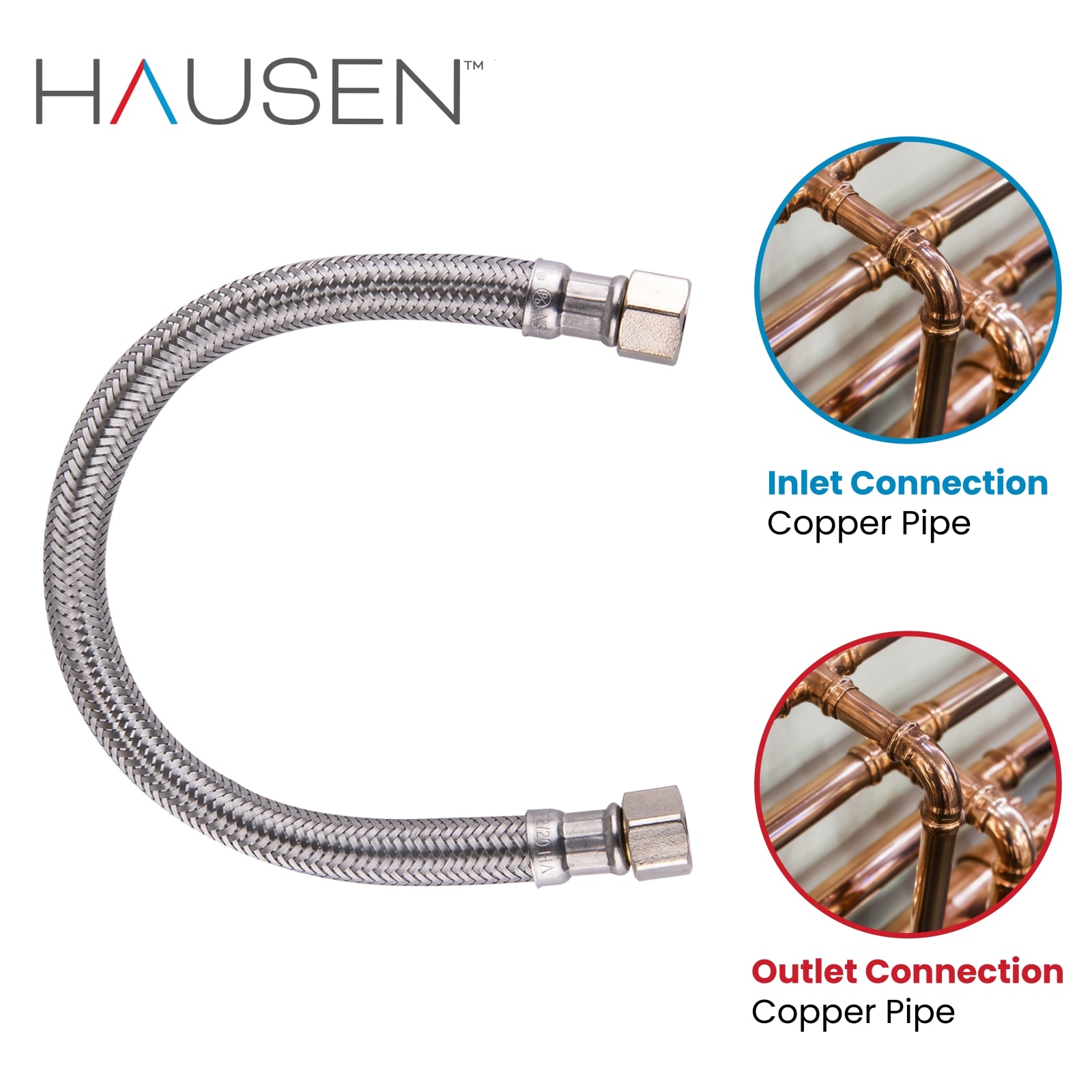 Hausen 3/8-inch Compression x 3/8-inch Compression x 12-inch Length Stainless Steel Faucet Water Supply Connector; Lead Free; cUPC and NSF-61 Certified; Compatible with Standard Faucets, 2-Pack