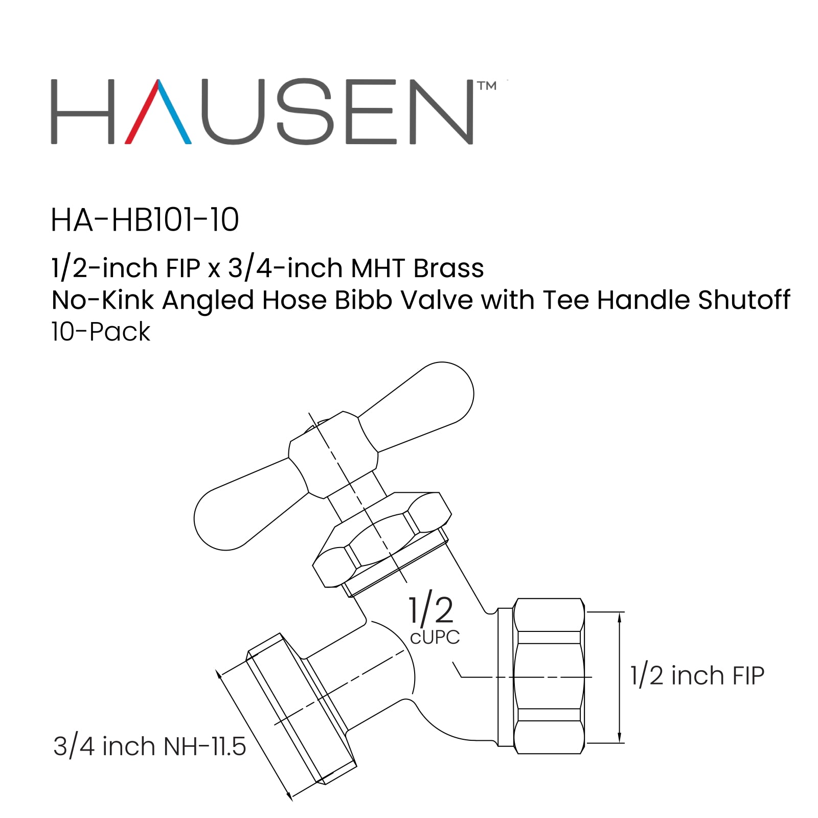 Hausen 1/2-inch FIP (Female Iron Pipe) x 3/4-inch MHT (Male Hose Thread) Brass No-Kink Angled Hose Bibb Valve with Tee Handle Shutoff; cUPC Certified, Compatible with Standard Garden Hoses, 10-pack