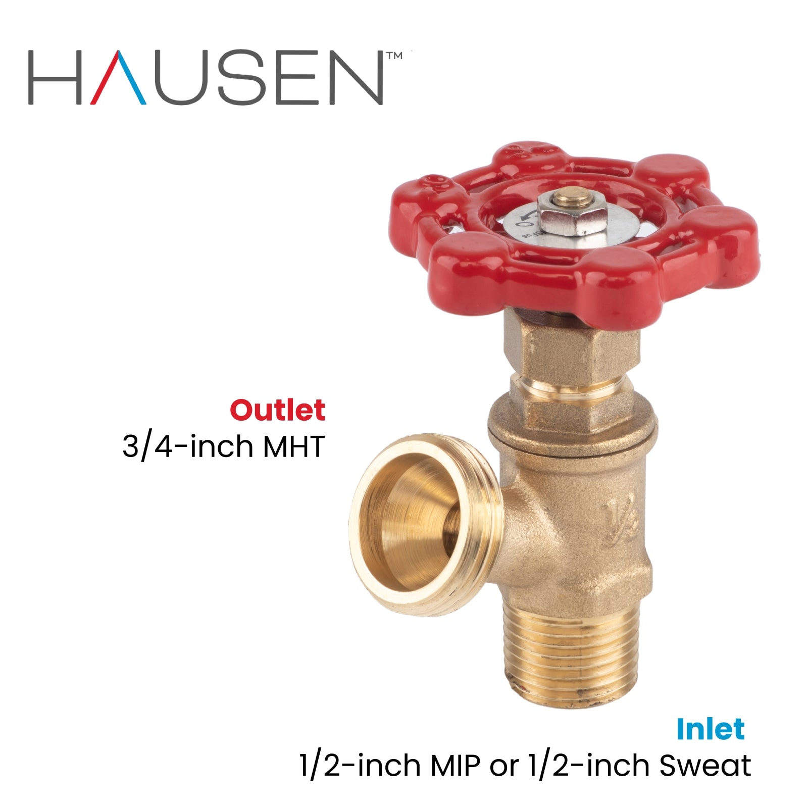 Hausen 1/2-inch MIP (Male Iron Pipe) or 1/2-inch Sweat x 3/4-inch MHT (Male Hose Thread) Brass Boiler Drain Valve; cUPC Certified; Compatible with Boilers and Water Heaters, 1-Pack