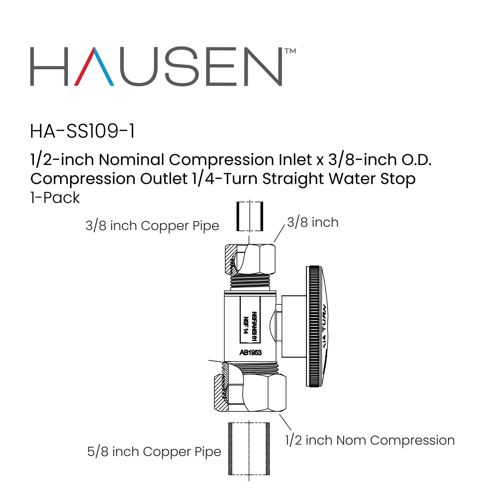 Hausen 1/2-inch Nominal Compression Inlet x 3/8-inch O.D. Compression Outlet 1/4-Turn Straight Water Stop; Lead-Free Forged Brass; Chrome-Plated; Compatible with Copper Piping, 1-Pack