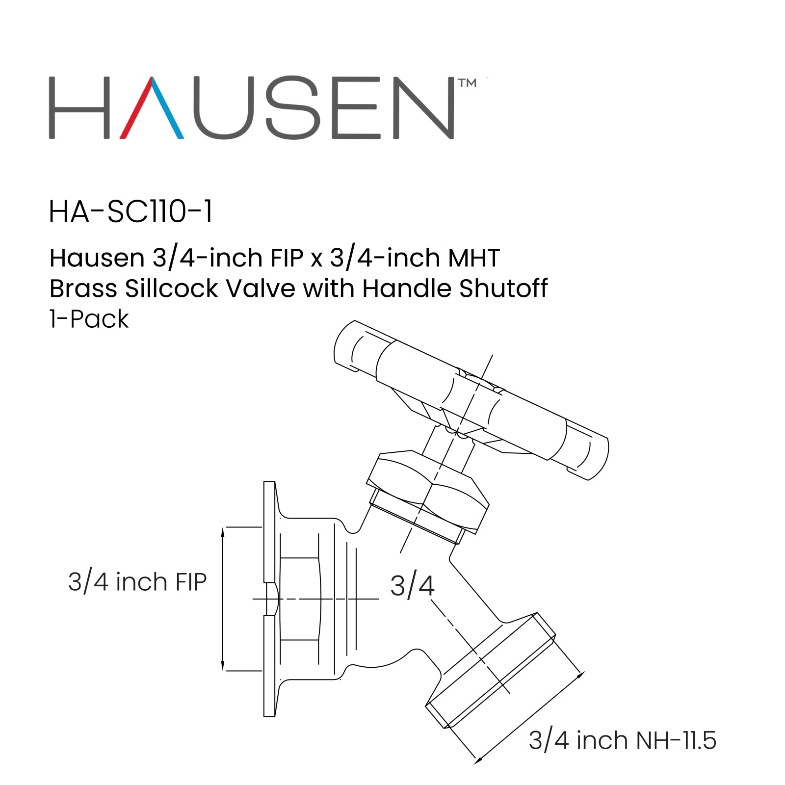 Hausen 3/4-inch FIP (Female Iron Pipe) x 3/4-inch MHT (Male Hose Thread) Brass Sillcock Valve with Handle Shutoff; cUPC Certified, Compatible with Standard Garden Hoses, 1-Pack