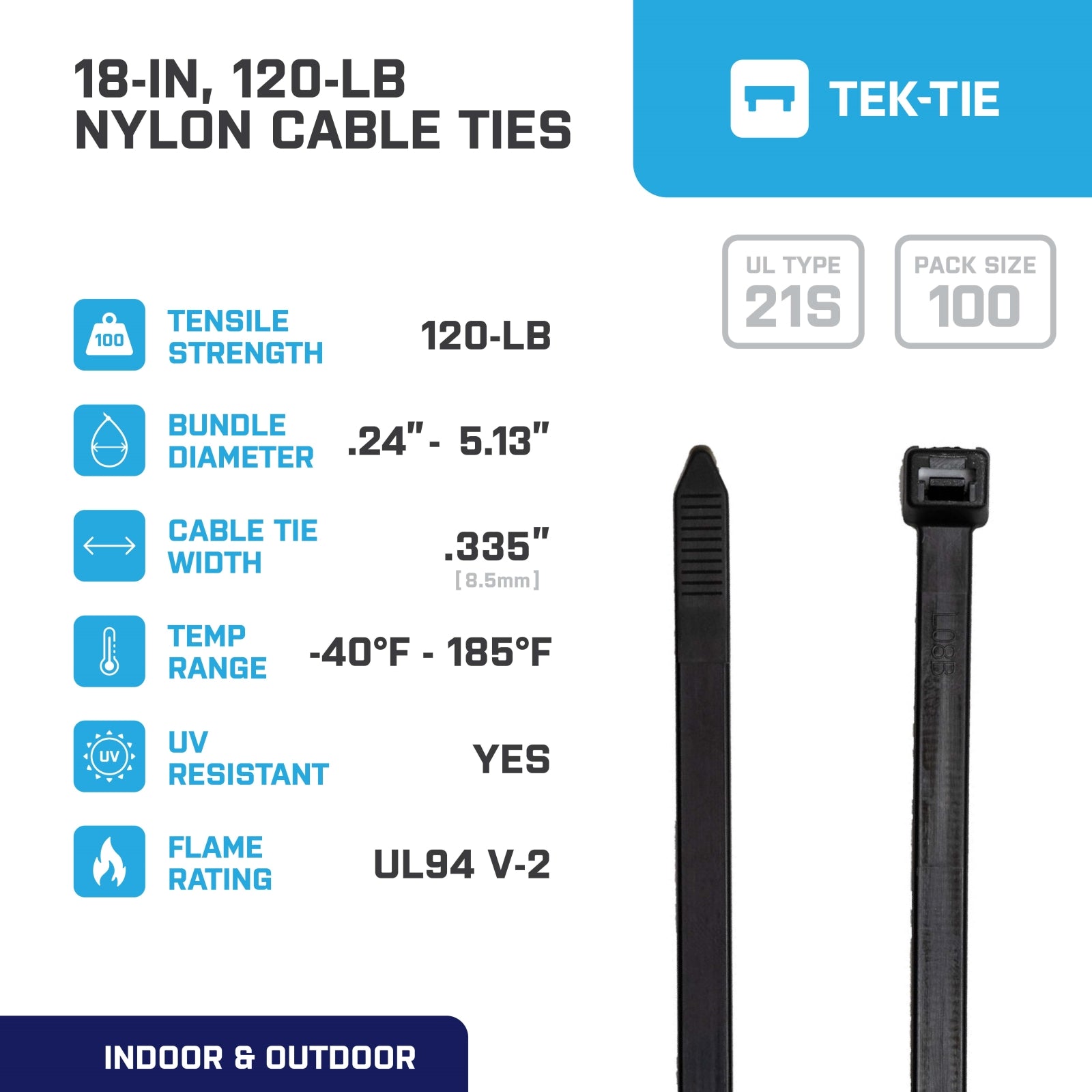 18-inch UV Resistant Black Multi-Purpose Cable Tie, 120-lb Tensile Strength, UL 21S Listed, 100-Pack