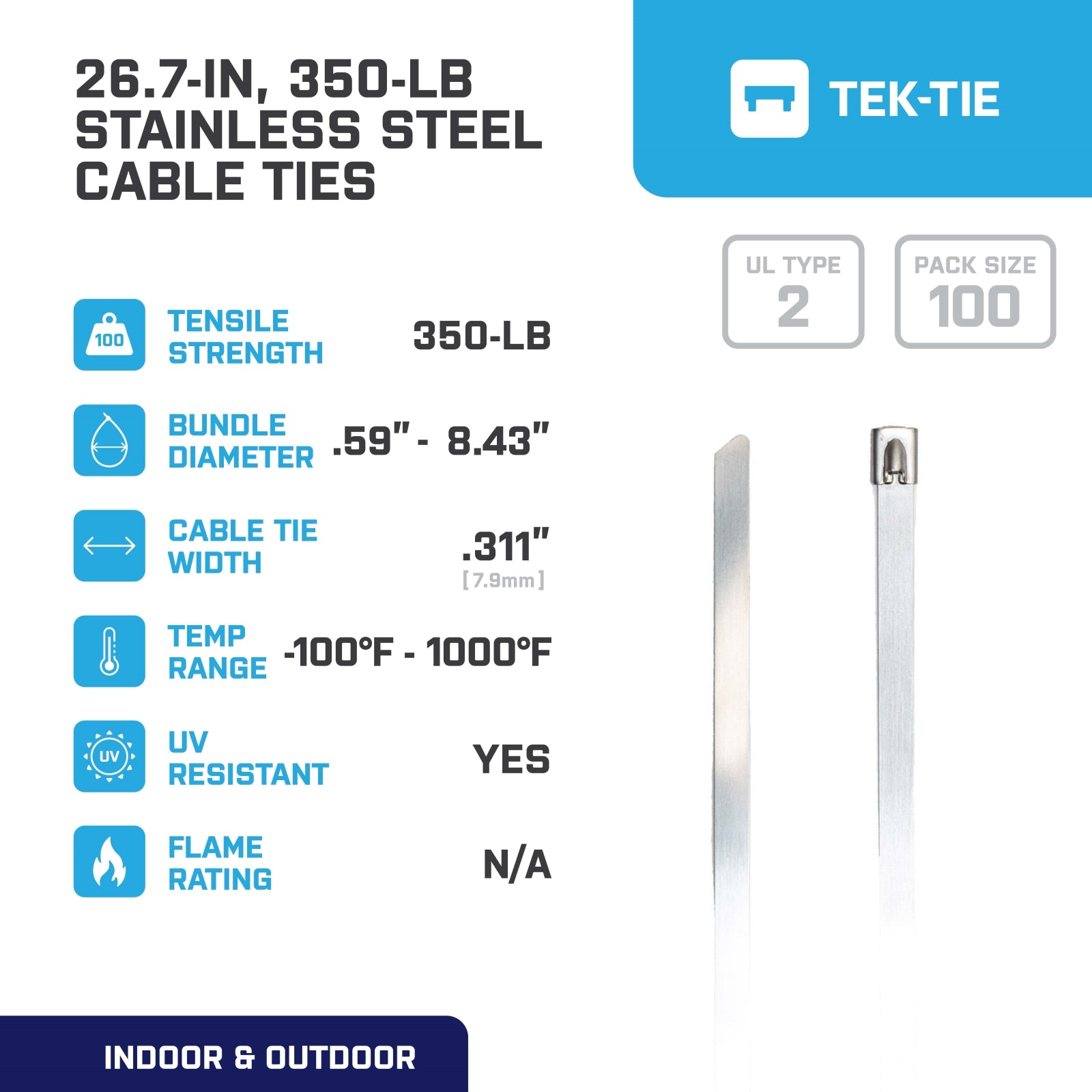 26.7-inch UV Resistant Stainless Steel Cable Tie, 350-lb Tensile Strength, UL 2 Listed, 100-Pack