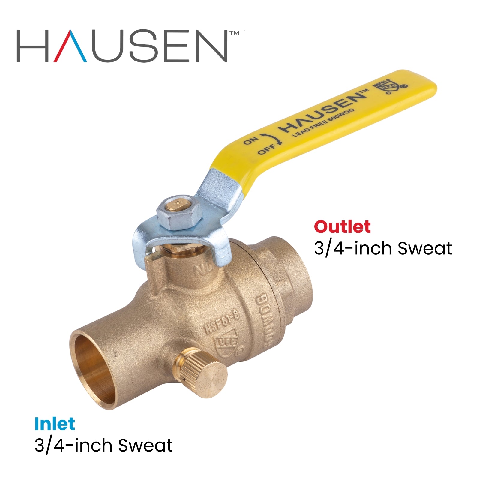 Hausen 3/4-inch Sweat x 3/4-inch Sweat Full Port Brass Ball Valve with Drain; Lead Free Forged Brass; Blowout Resistant Stem; For Use in Potable Water, Oil and Gas Distribution Systems, 1-Pack