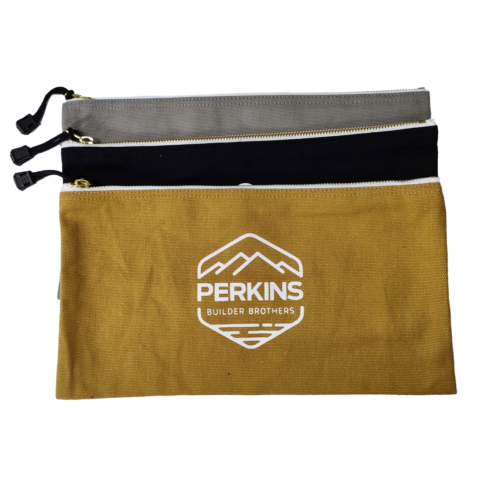 Perkins Builder Brothers Canvas Tool Pouch Zipper Bag, 3-Pack, Black/Brown/Grey