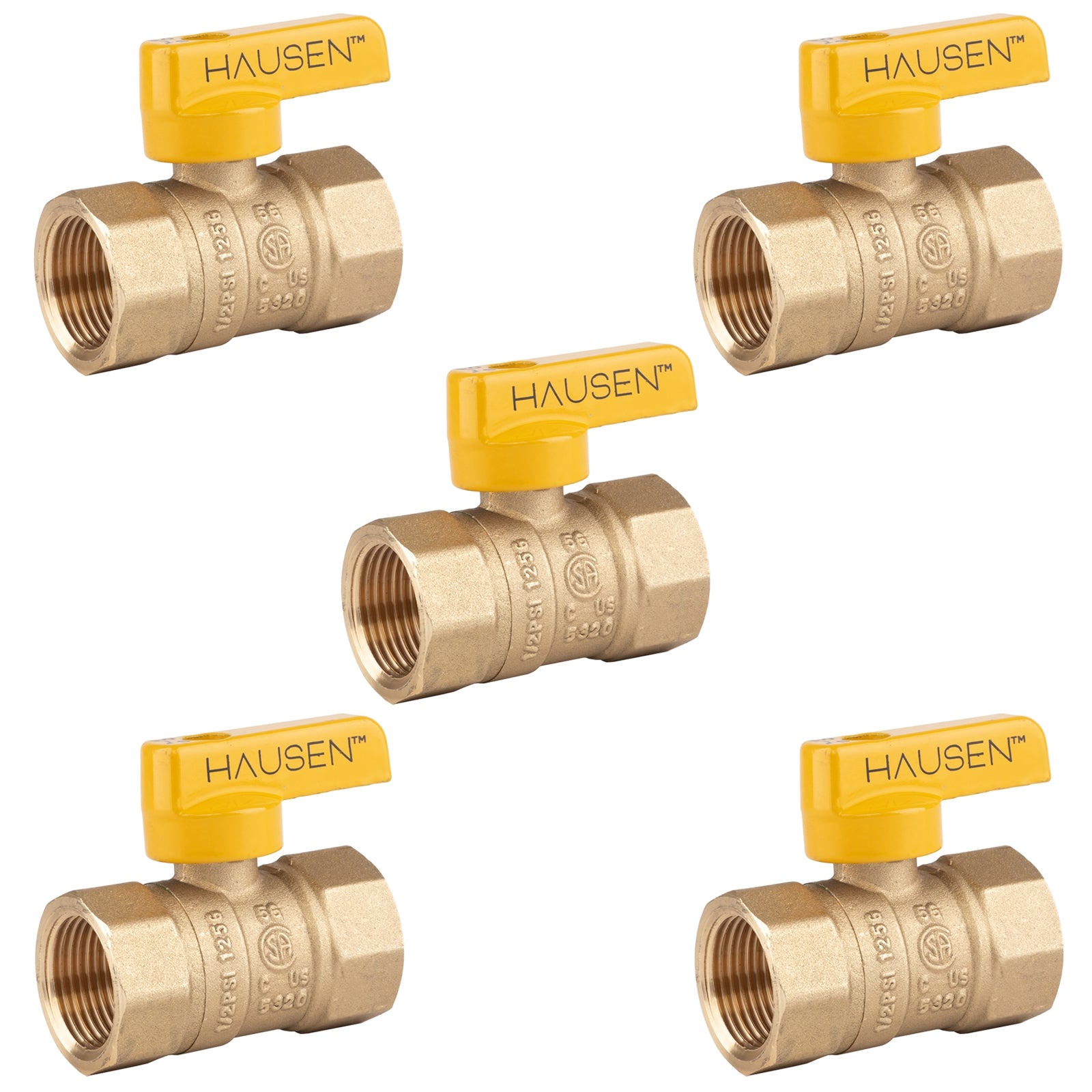 Hausen 3/4-inch FIP (Female Iron Pipe) x 3/4-inch FIP (Female Iron Pipe) Straight Gas Ball Valve with 1/4-Turn Lift and Lock Handle; Forged Brass; Blowout-Resistant Stem; CSA and UL Certified; 5-Pack