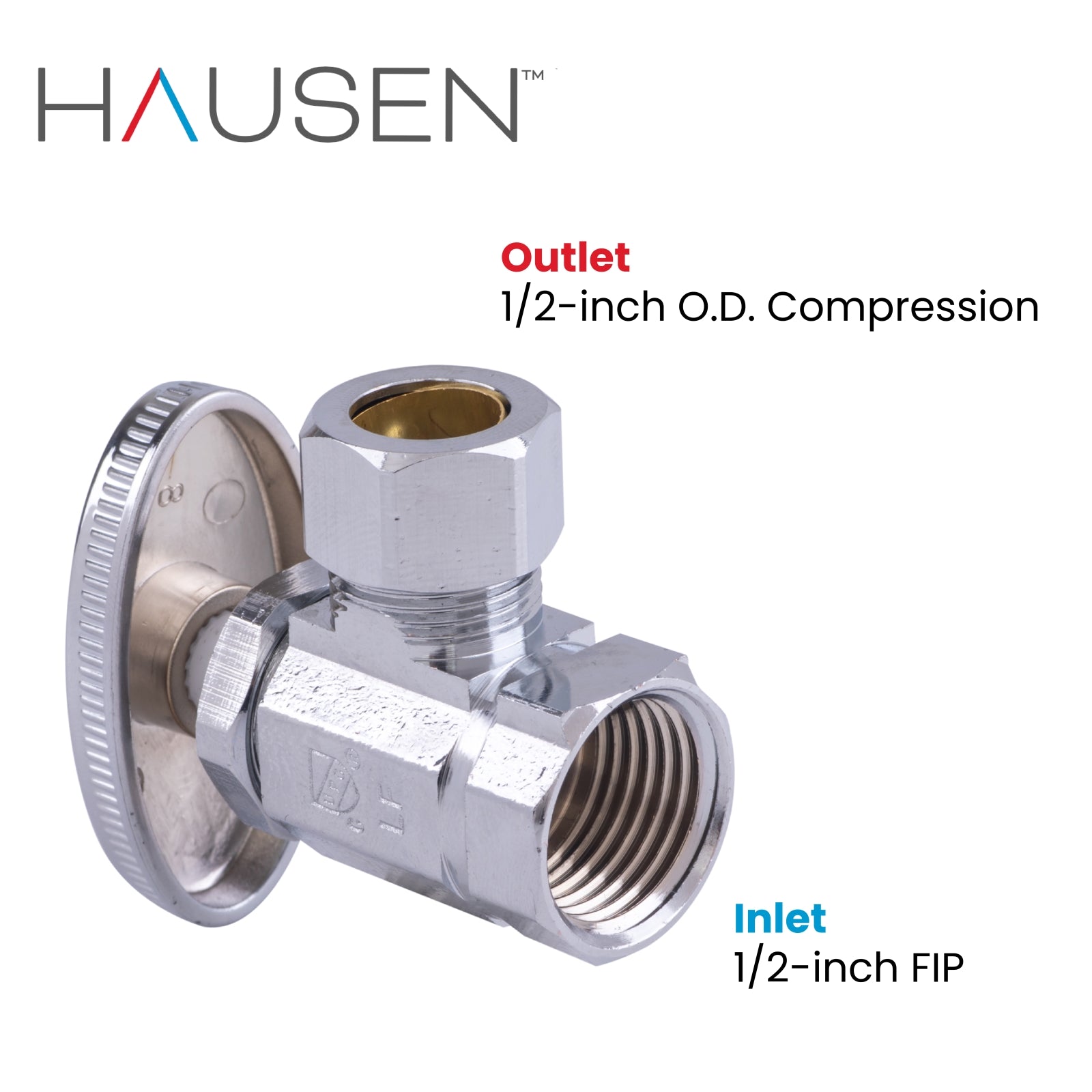 Hausen 1/2-inch FIP Inlet x 1/2-inch O.D. Compression Outlet Multi-Turn Angle Water Stop; Lead-Free Forged Brass; Chrome-Plated; cUPC/ANSI/NSF Certified; Compatible with Iron and Copper Piping, 1-Pack