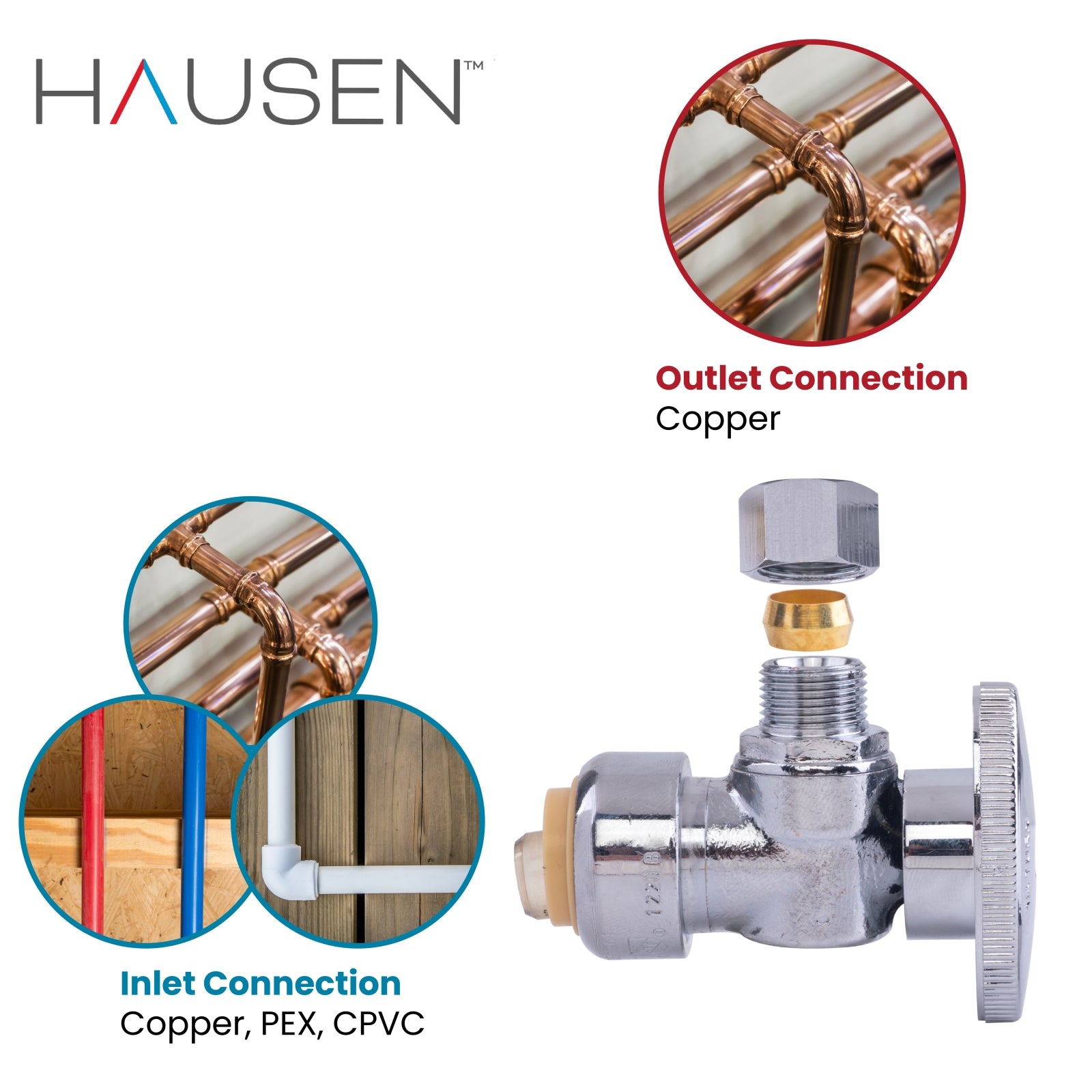 Hausen 1/2-inch Nominal Push Connect Inlet x 3/8-inch O.D. Compression Outlet 1/4-Turn Angle Water Stop; Lead-Free Forged Brass; Chrome-Plated; Compatible with Copper, CPVC and PEX Piping, 1-Pack