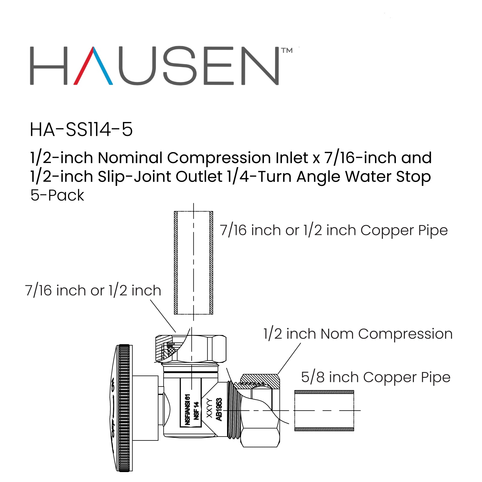 Hausen 1/2-inch Nominal Compression Inlet x 7/16-inch and 1/2-inch Slip-Joint Outlet 1/4-Turn Angle Water Stop; Lead-Free Forged Brass; Chrome-Plated; Compatible with Copper Piping, 5-Pack