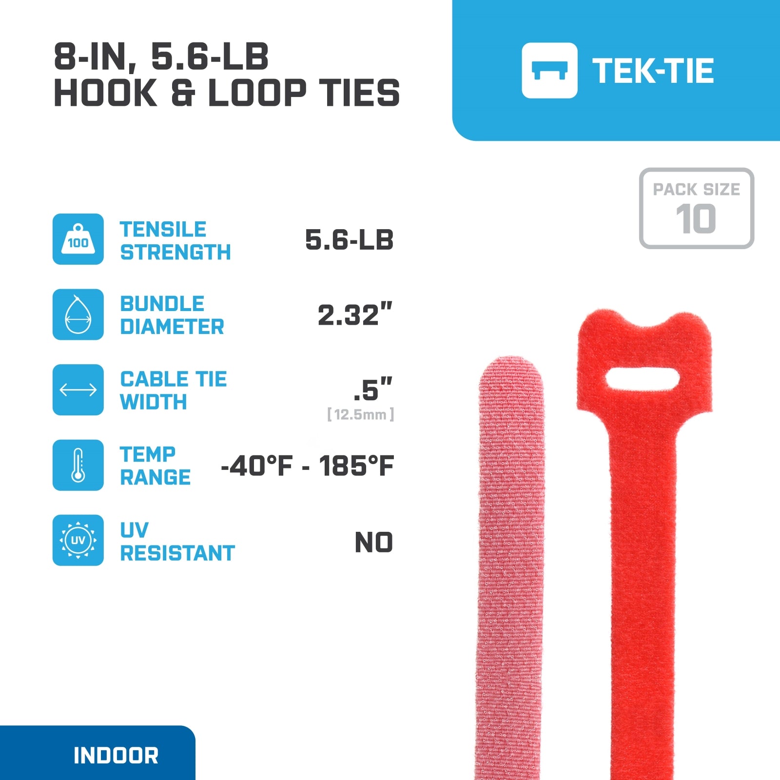 8-inch Red Hook and Loop, 5.6-lb Tensile Strength, 10-Pack