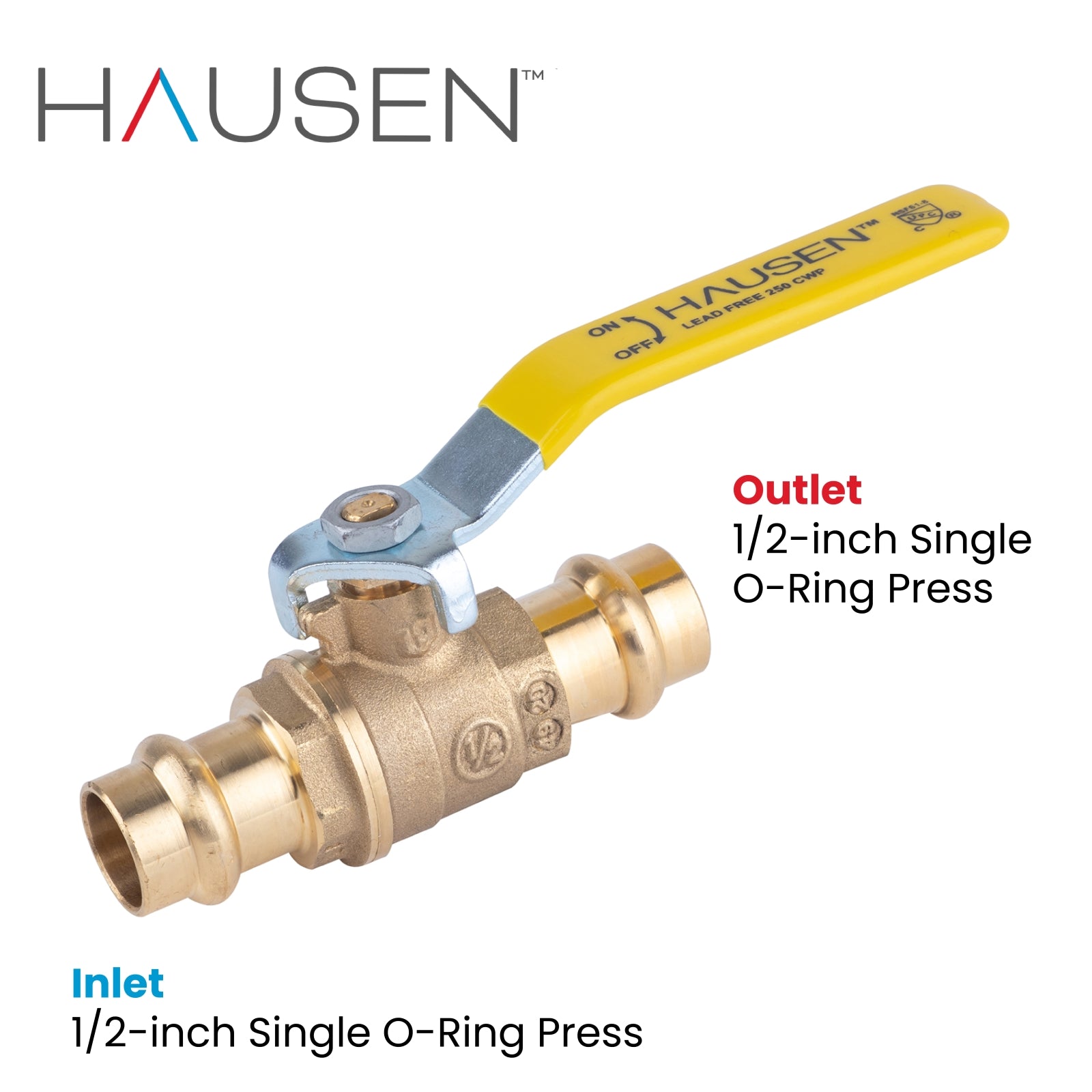 Hausen 1/2-inch Single O-Ring Press Ball Valve; Lead Free Forged Brass; Blowout Resistant Stem; For Use in Potable Water Distribution Systems, Hydronic Heating and Chilled Water, 1-Pack