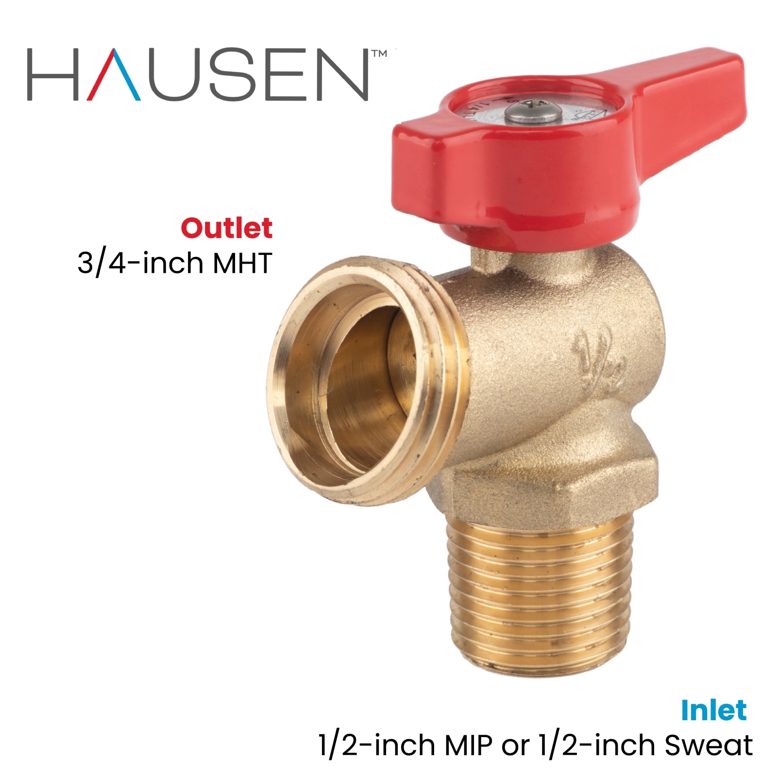 Hausen 1/2-inch MIP (Male Iron Pipe) or 1/2-inch Sweat x 3/4-inch MHT (Male Hose Thread) Brass Boiler Drain Valve with Lever Handle; Compatible with Boilers and Water Heaters, 5-Pack