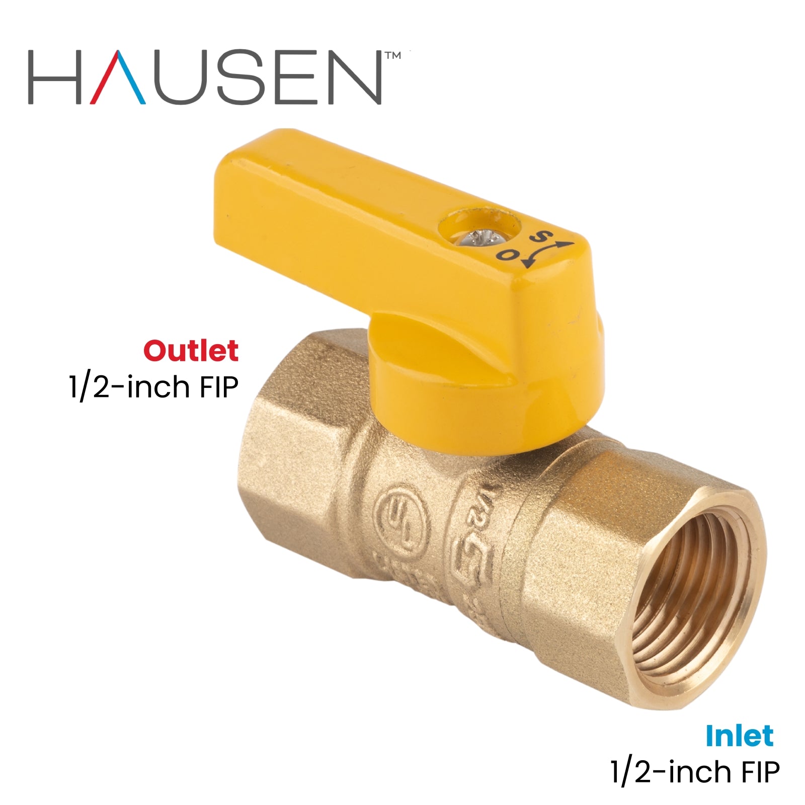 Hausen 1/2-inch FIP (Female Iron Pipe) x 1/2-inch FIP (Female Iron Pipe) Straight Gas Ball Valve with 1/4-Turn Lever Handle; Forged Brass; Blowout-Resistant Stem; CSA and UL Certified; 1-Pack