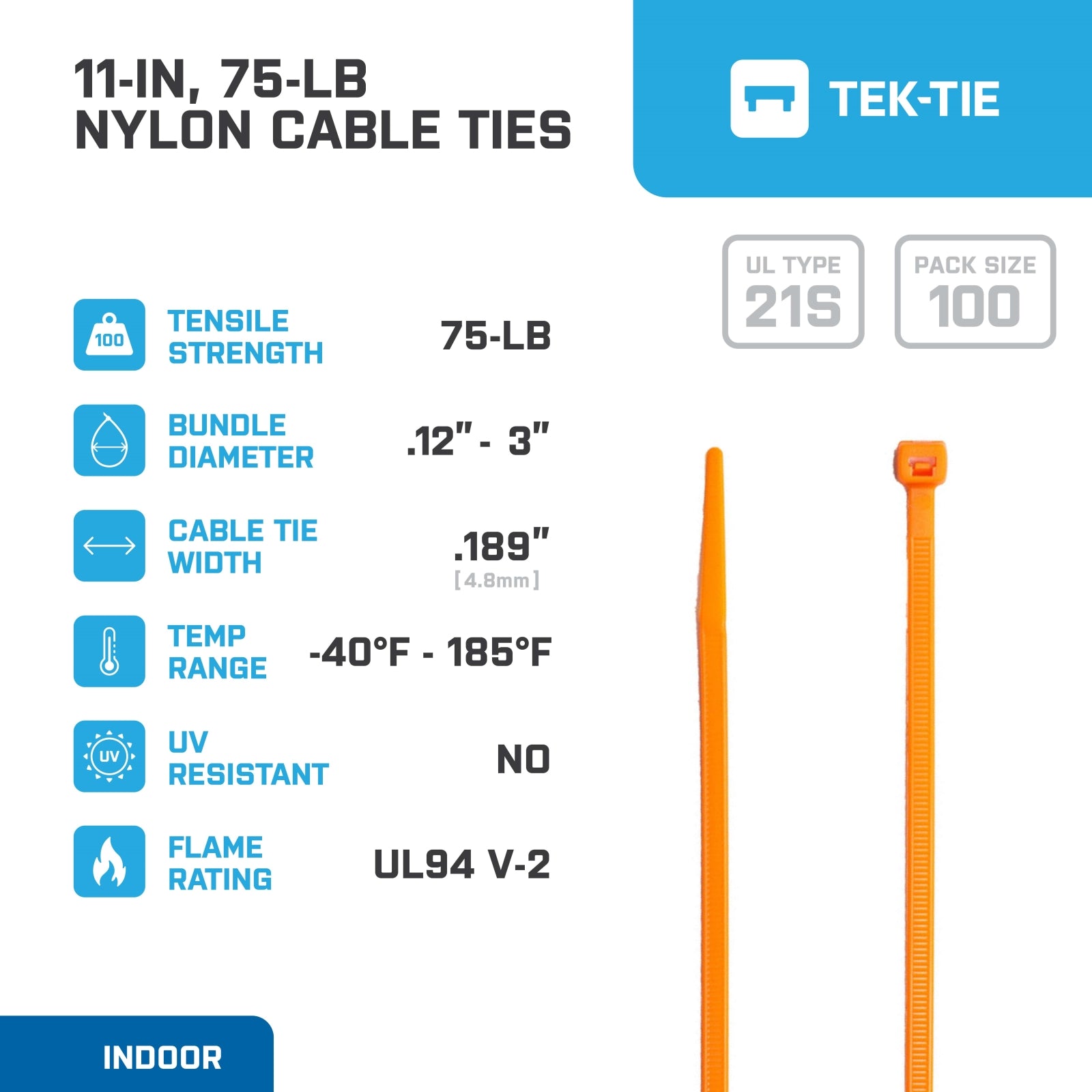 11-inch Fluorescent Orange Multi-Purpose Cable Tie, 75-lb Tensile Strength, UL 21S Listed, 100-Pack