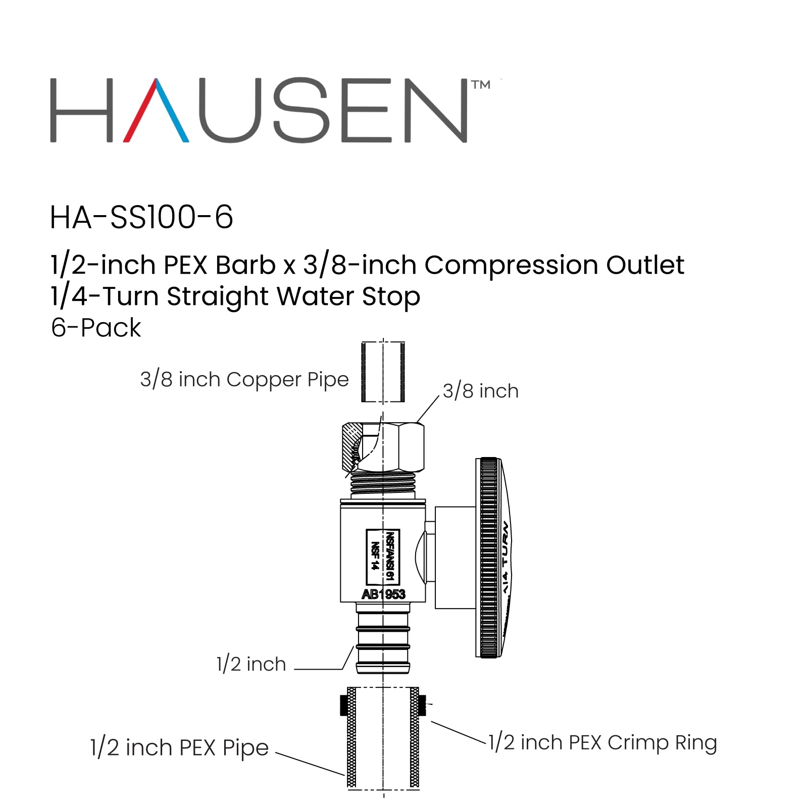 Hausen 1/2-inch PEX Barb x 3/8-inch Compression Outlet 1/4-Turn Straight Water Stop; Lead-Free Forged Brass; Chrome-Plated; cUPC/ANSI/NSF Certified; Compatible with PEX and Copper Piping, 6-Pack