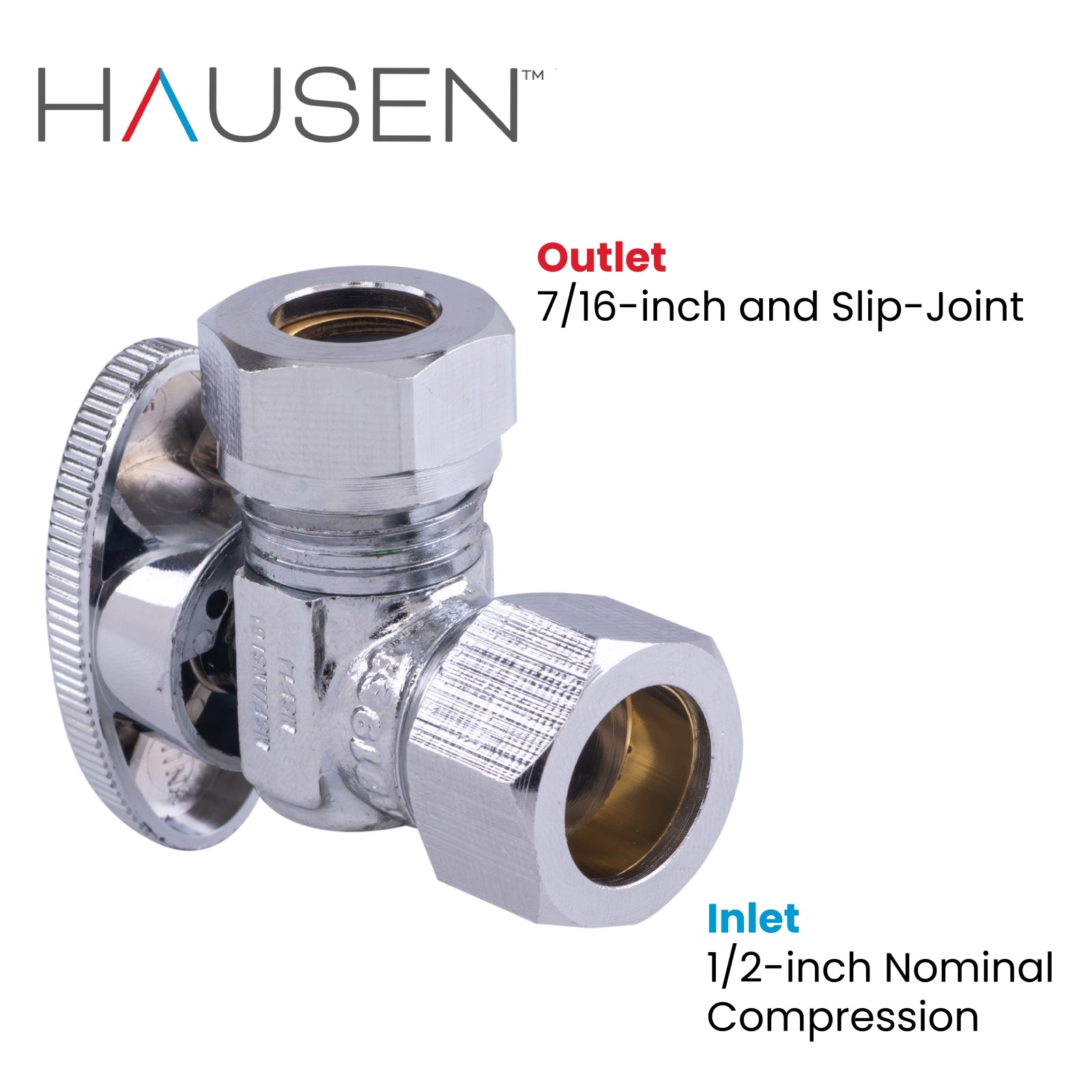 Hausen 1/2-inch Nominal Compression Inlet x 7/16-inch and 1/2-inch Slip-Joint Outlet 1/4-Turn Angle Water Stop; Lead-Free Forged Brass; Chrome-Plated; Compatible with Copper Piping, 1-Pack