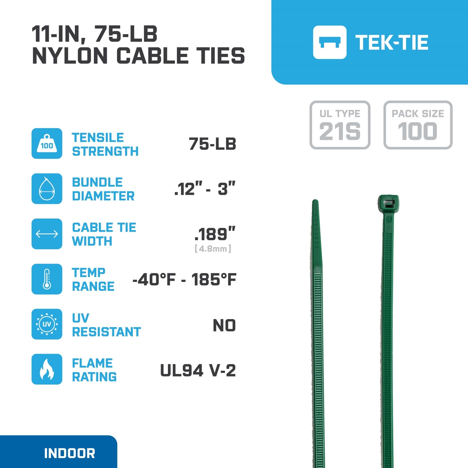 11-inch Dark Green Multi-Purpose Cable Tie, 75-lb Tensile Strength, UL 21S Listed, 100-Pack