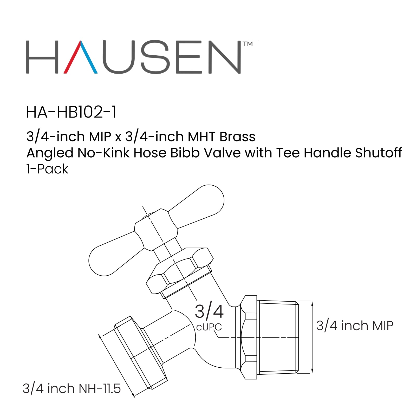 Hausen 3/4-inch MIP (Male Iron Pipe) x 3/4-inch MHT (Male Hose Thread) Brass Angled No-Kink Hose Bibb Valve with Tee Handle Shutoff; cUPC Certified, Compatible with Standard Garden Hoses, 1-pack