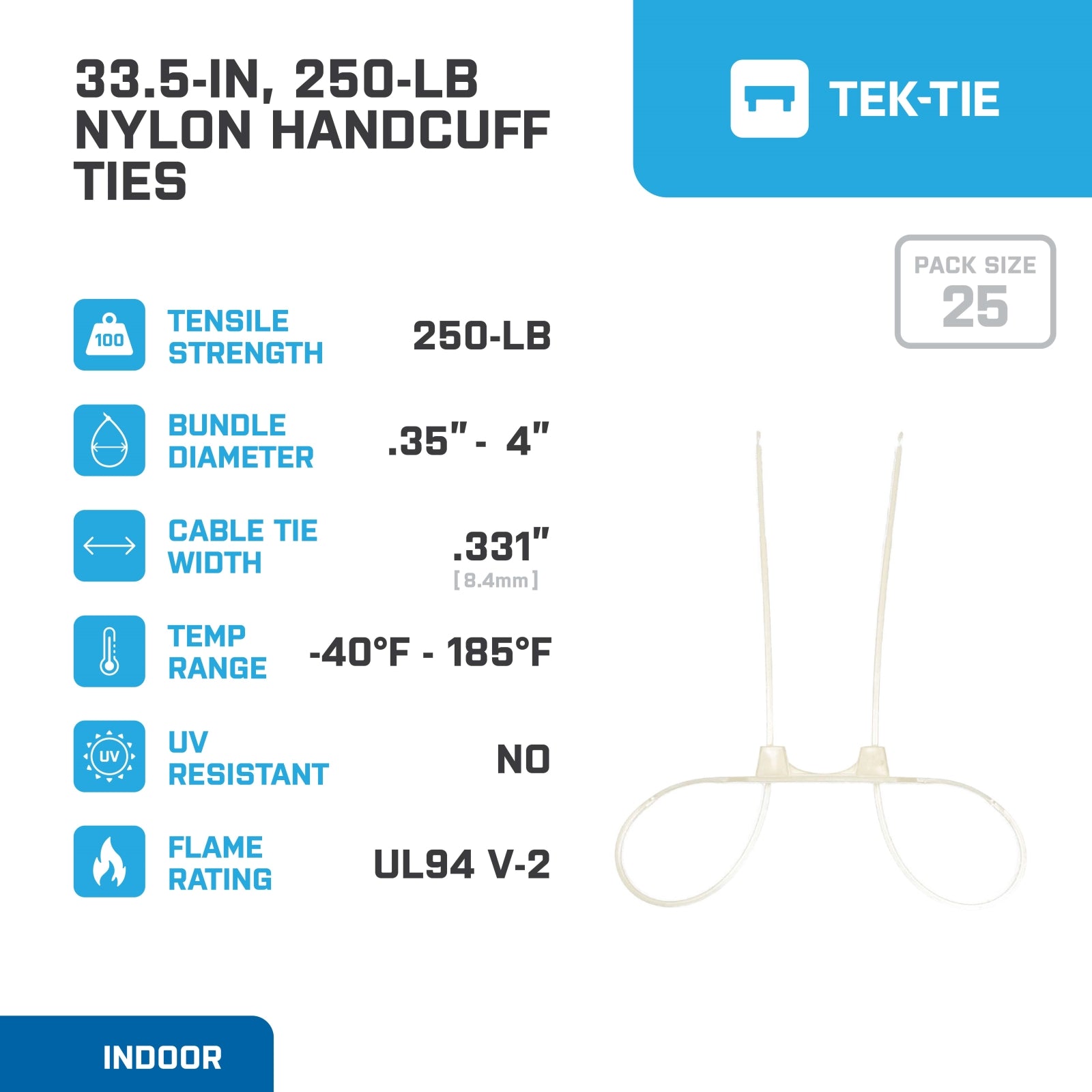 33.5-inch Natural Hand Cuff Tie, 250-lb Tensile Strength, 25-Pack