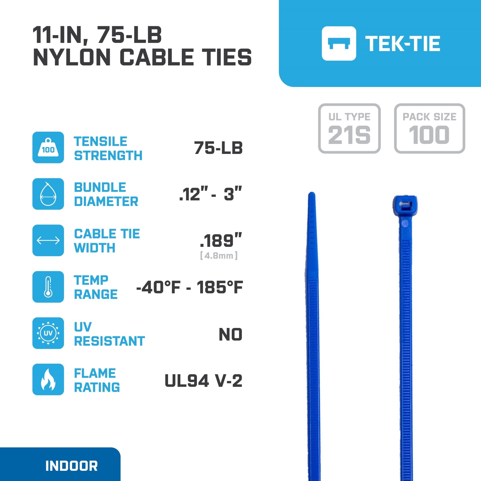 11-inch Blue Multi-Purpose Cable Tie, 75-lb Tensile Strength, UL 21S Listed, 100-Pack