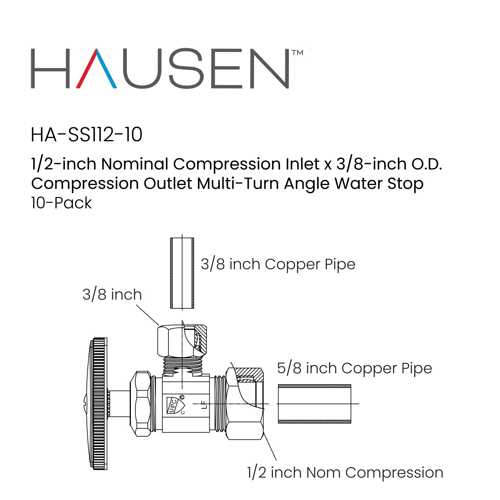 Hausen 1/2-inch Nominal Compression Inlet x 3/8-inch O.D. Compression Outlet Multi-Turn Angle Water Stop; Lead-Free Forged Brass; Chrome-Plated; Compatible with Copper Piping, 10-Pack