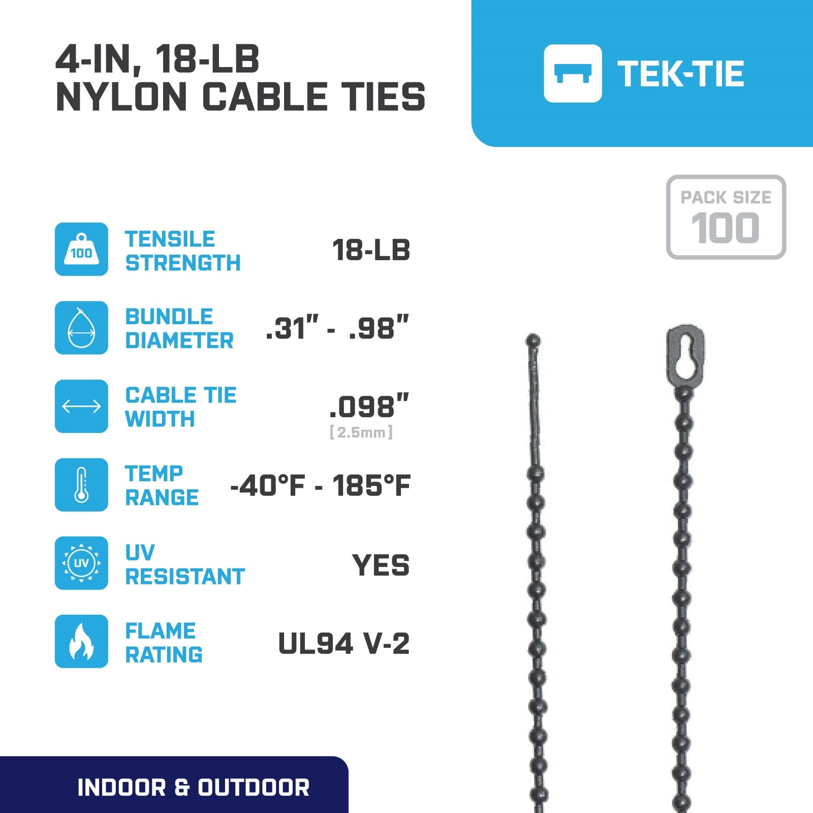 4-inch UV Resistant Black Beaded Cable Tie, 18-lb Tensile Strength, 100-Pack