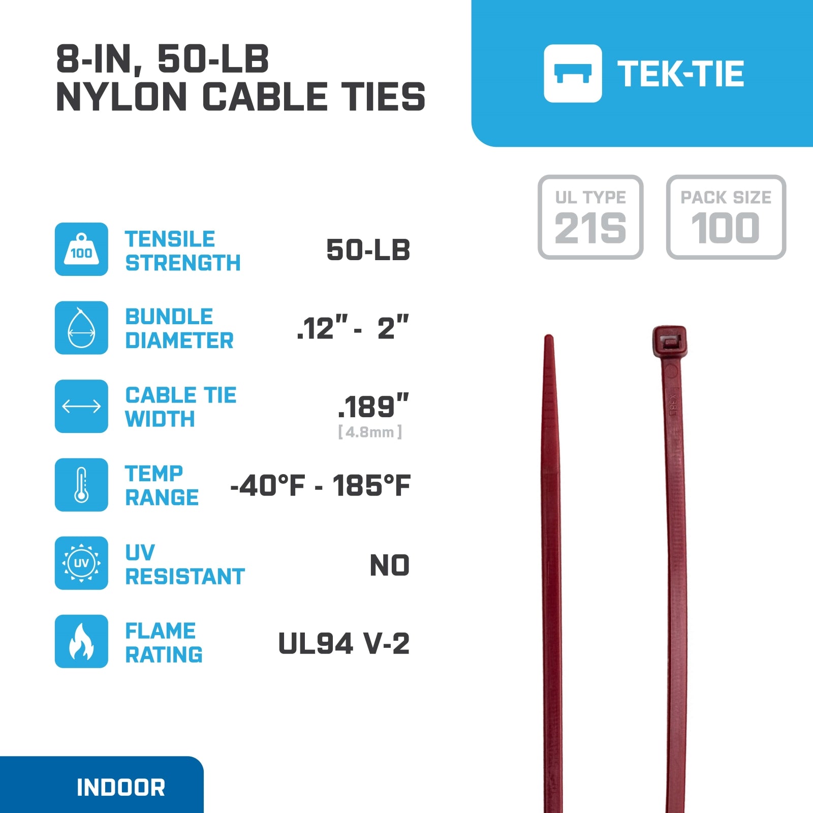 8-inch Plenum Multi-Purpose Cable Tie, 50-lb Tensile Strength, UL 21S Listed, 100-Pack