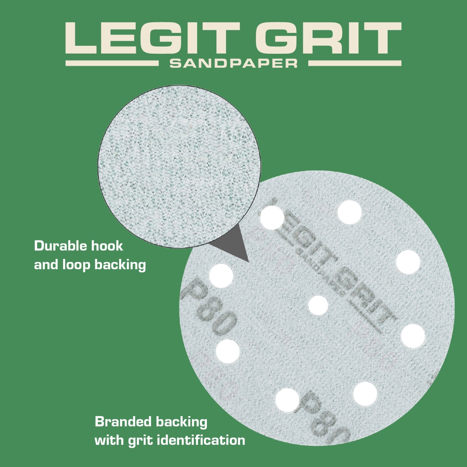 Legit Grit 5 inch Sand paper Disc, 9-Hole, Mixed Grit Variety Set - GRITS: 80/120/150/180/220 (10 of each) , 50 Pack