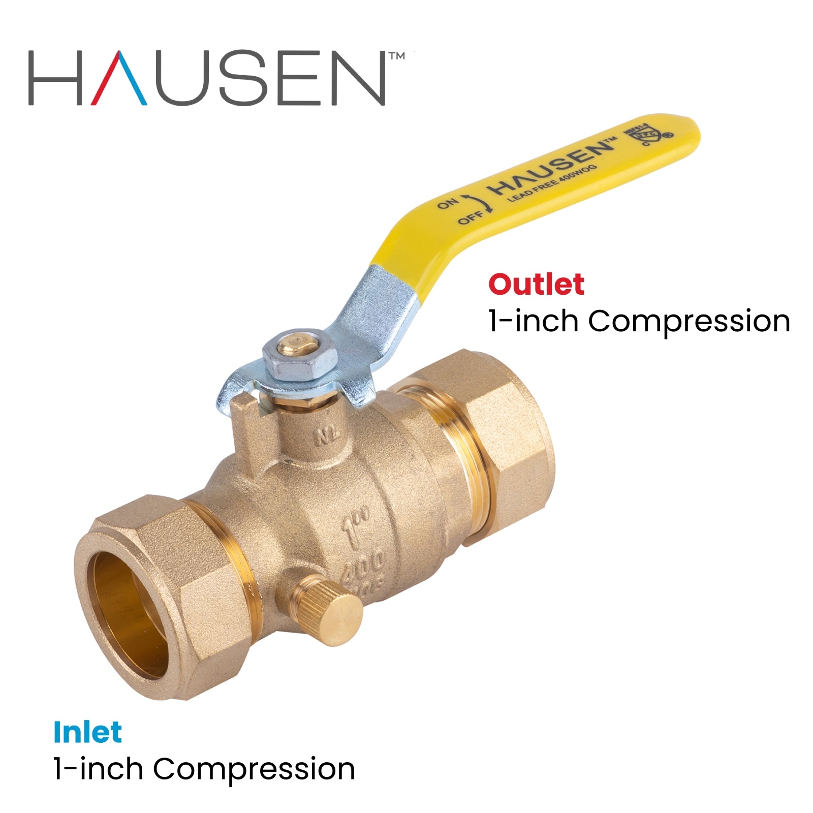 Hausen 1-inch Compression Standard Port Brass Ball Valve with Drain; Lead Free Forged Brass; Blowout Resistant Stem; For Use in Potable Water, Oil and Gas Distribution Systems, 1-Pack