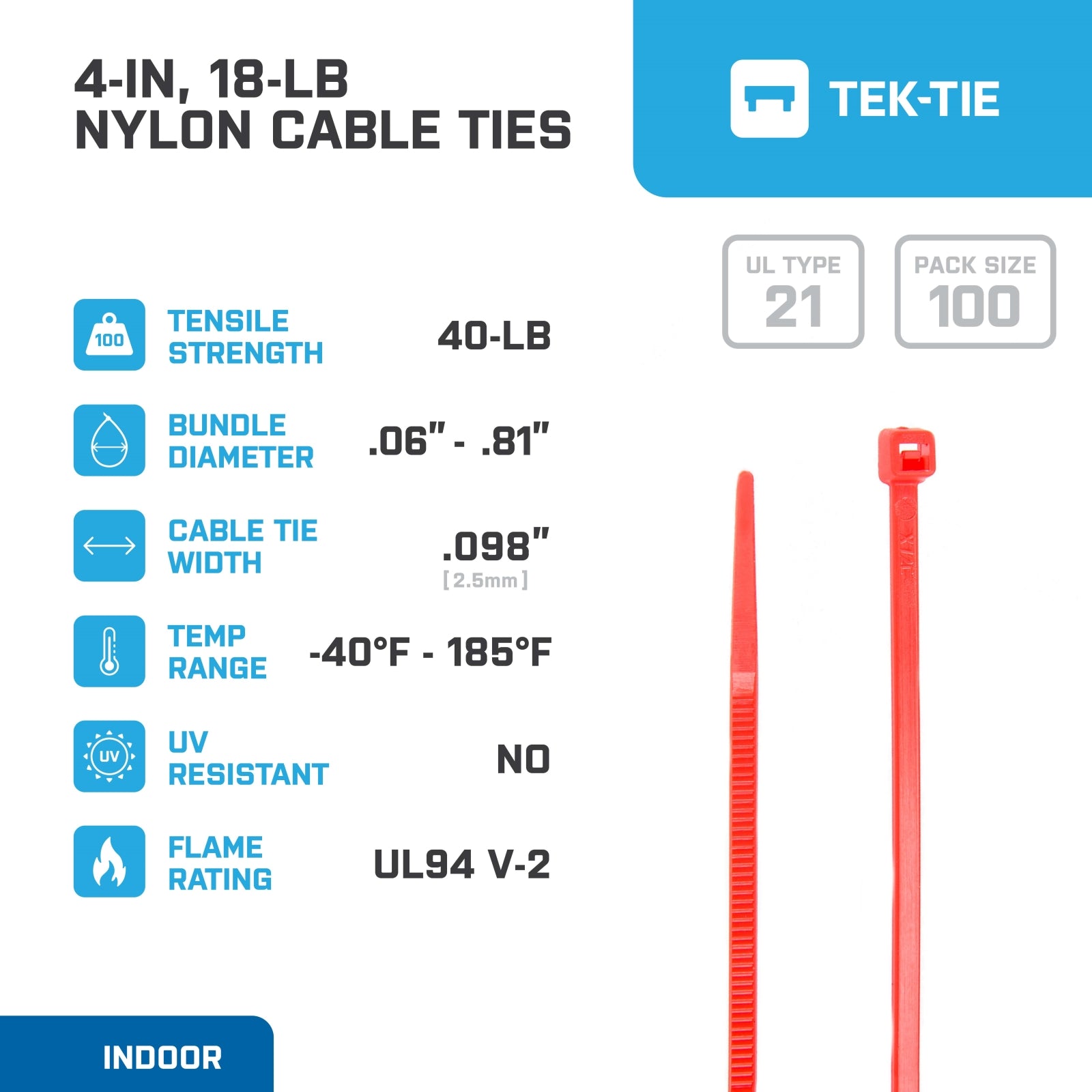 4-inch Red Multi-Purpose Cable Tie, 18-lb Tensile Strength, UL 21 Listed, 100-Pack