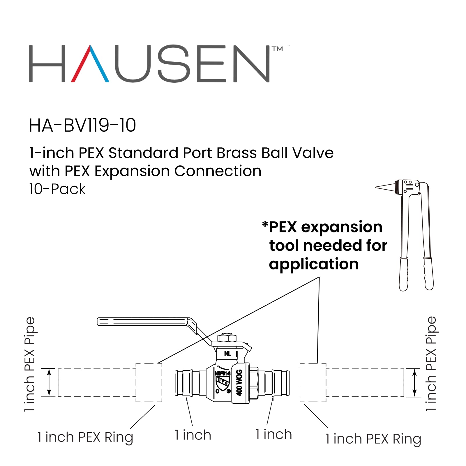 Hausen 1-inch PEX Standard Port Brass Ball Valve with PEX Expansion Connection; Lead Free Forged Brass; Blowout Resistant Stem; For Use in Potable Water, Oil and Gas Distribution Systems, 10-Pack